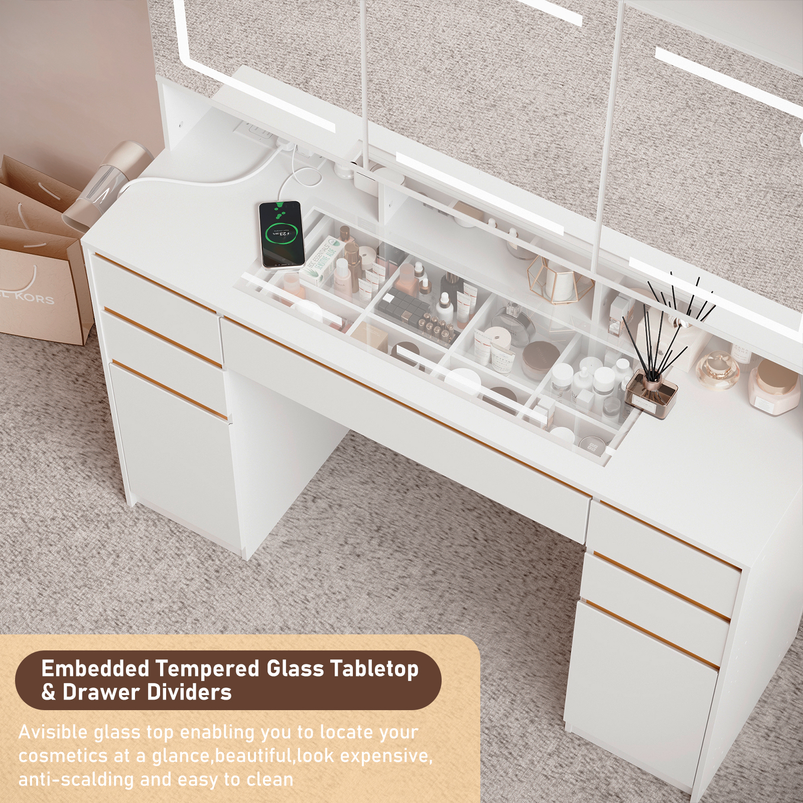 ChVans 47'' Vanity Desk with Large LED Lighted Mirror & Power Outlet, Makeup Vanity with 3 Light Modes, Glass Top, 5 Drawers & 2 Cabinets for Women, Girls Gift