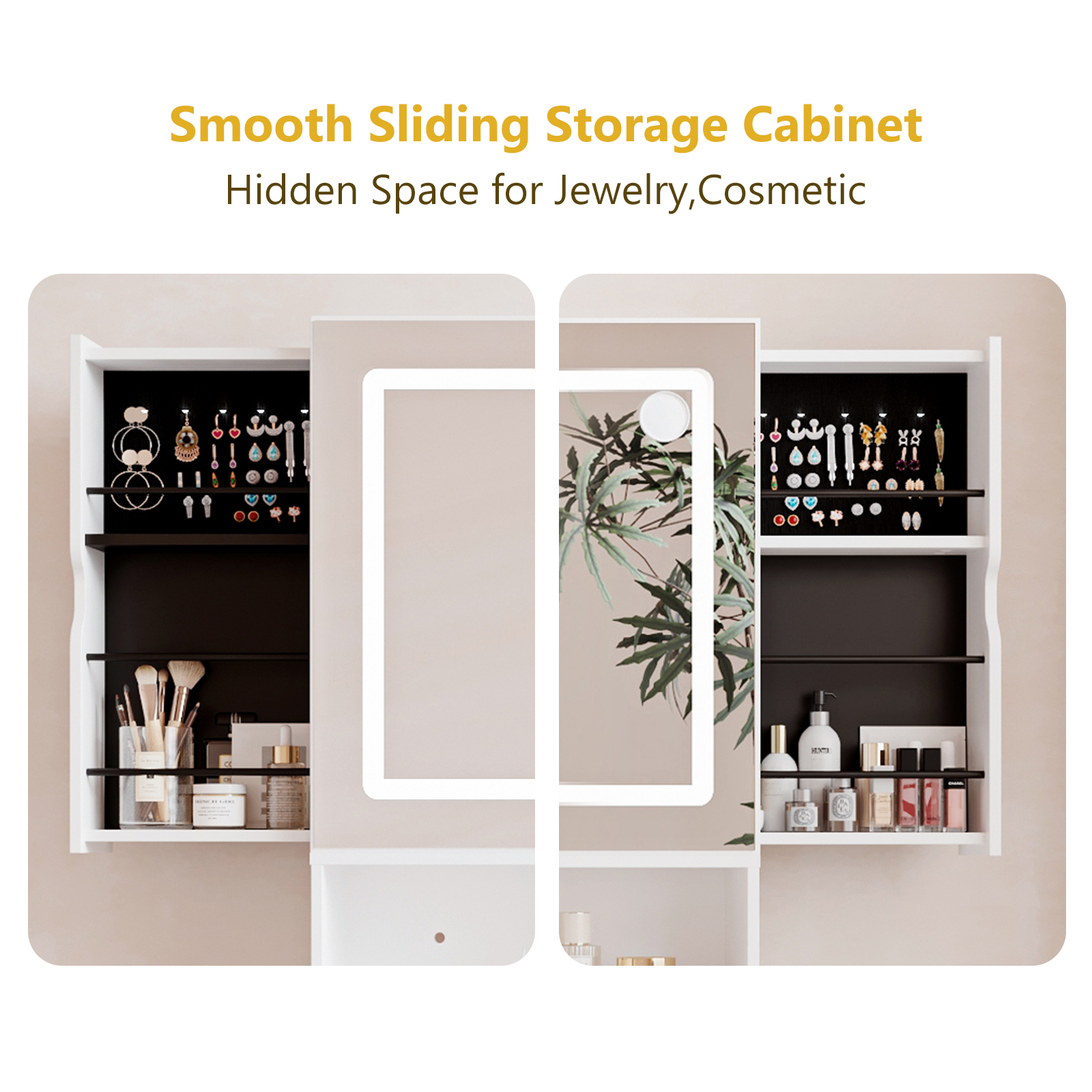 ChVans 47'' Vanity Desk with Large LED Lighted Mirror & Power Outlet, Makeup Vanity with 3 Light Modes, Glass Top, 5 Drawers & 2 Cabinets for Women, Girls Gift