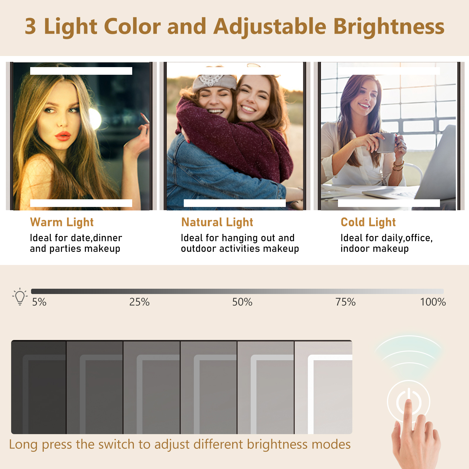 ChVans 47'' Vanity Desk with Large LED Lighted Mirror & Power Outlet, Makeup Vanity with 3 Light Modes, Glass Top, 5 Drawers & 2 Cabinets for Women, Girls Gift