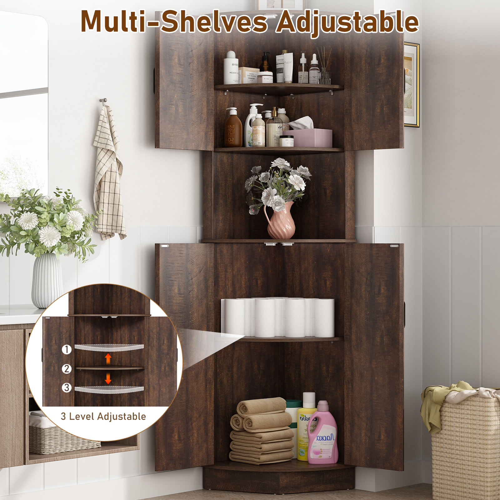 ChVans 68" Farmhouse Tall Corner Cabinet w/4 Barn Doors, 5 Tier Bookcase Storage Cabinet with Adjustable Shelves, Corner Storage Cabinet for Bathroom,Living Room,Kitchen, Brown