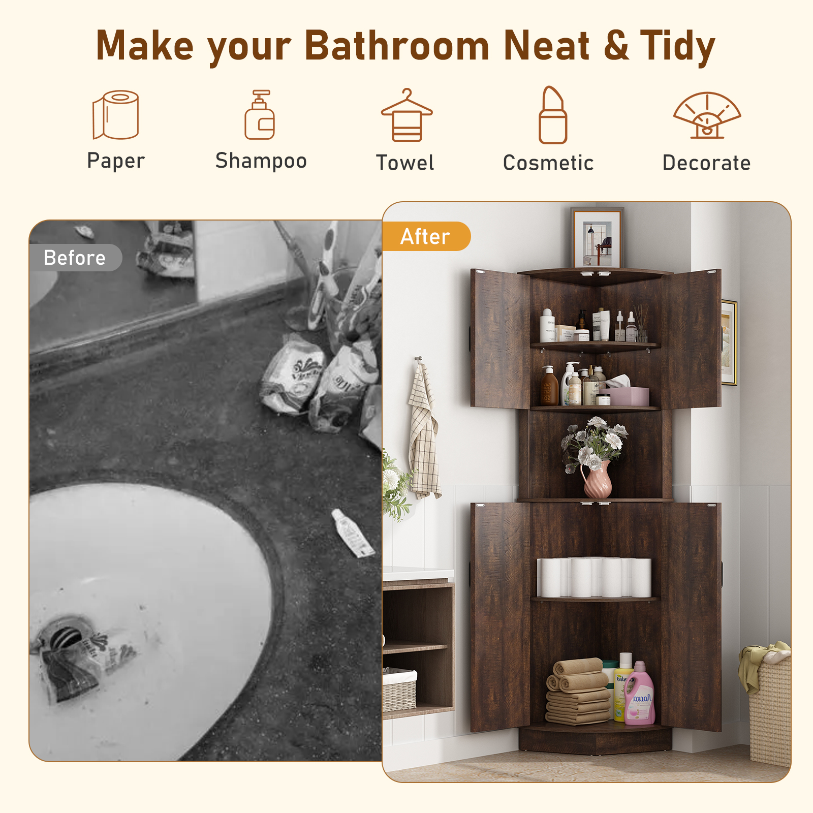 ChVans 68" Farmhouse Tall Corner Cabinet w/4 Barn Doors, 5 Tier Bookcase Storage Cabinet with Adjustable Shelves, Corner Storage Cabinet for Bathroom,Living Room,Kitchen, Brown