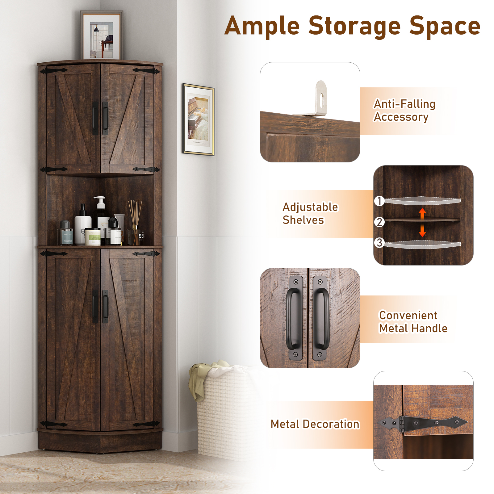 ChVans 68" Farmhouse Tall Corner Cabinet w/4 Barn Doors, 5 Tier Bookcase Storage Cabinet with Adjustable Shelves, Corner Storage Cabinet for Bathroom,Living Room,Kitchen, Brown