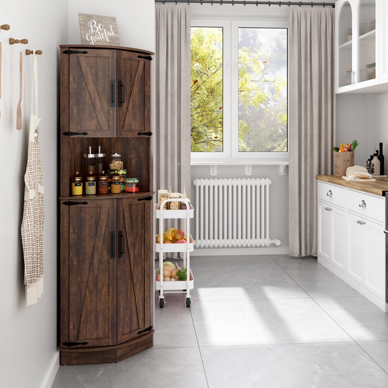 ChVans 68" Farmhouse Tall Corner Cabinet w/4 Barn Doors, 5 Tier Bookcase Storage Cabinet with Adjustable Shelves, Corner Storage Cabinet for Bathroom,Living Room,Kitchen, Brown