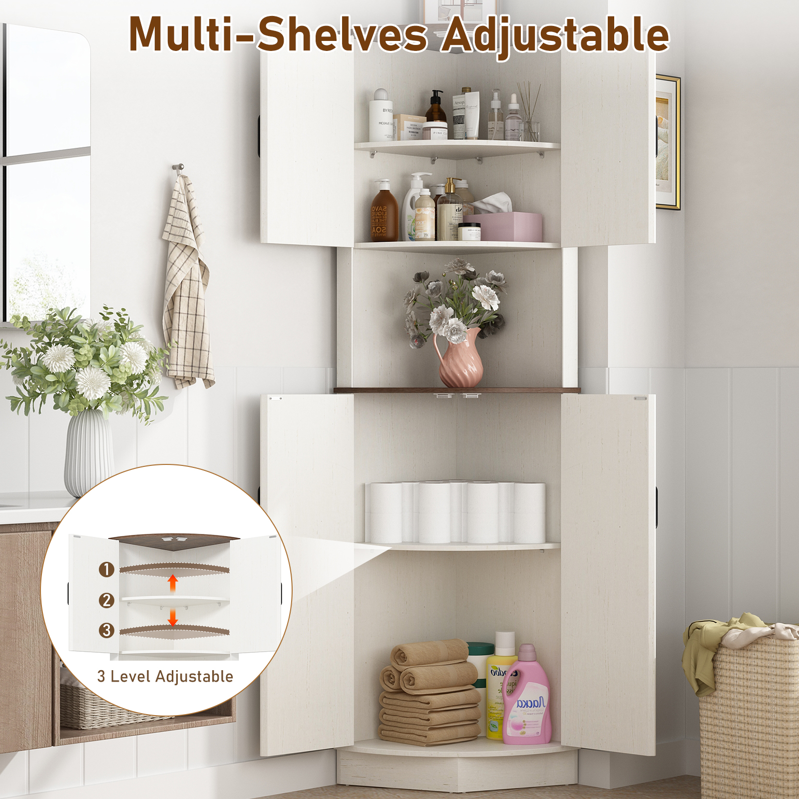 ChVans 68" Farmhouse Tall Corner Cabinet w/4 Barn Doors, 5 Tier Bookcase Storage Cabinet with Adjustable Shelves, Corner Storage Cabinet for Bathroom,Living Room,Kitchen, Brown