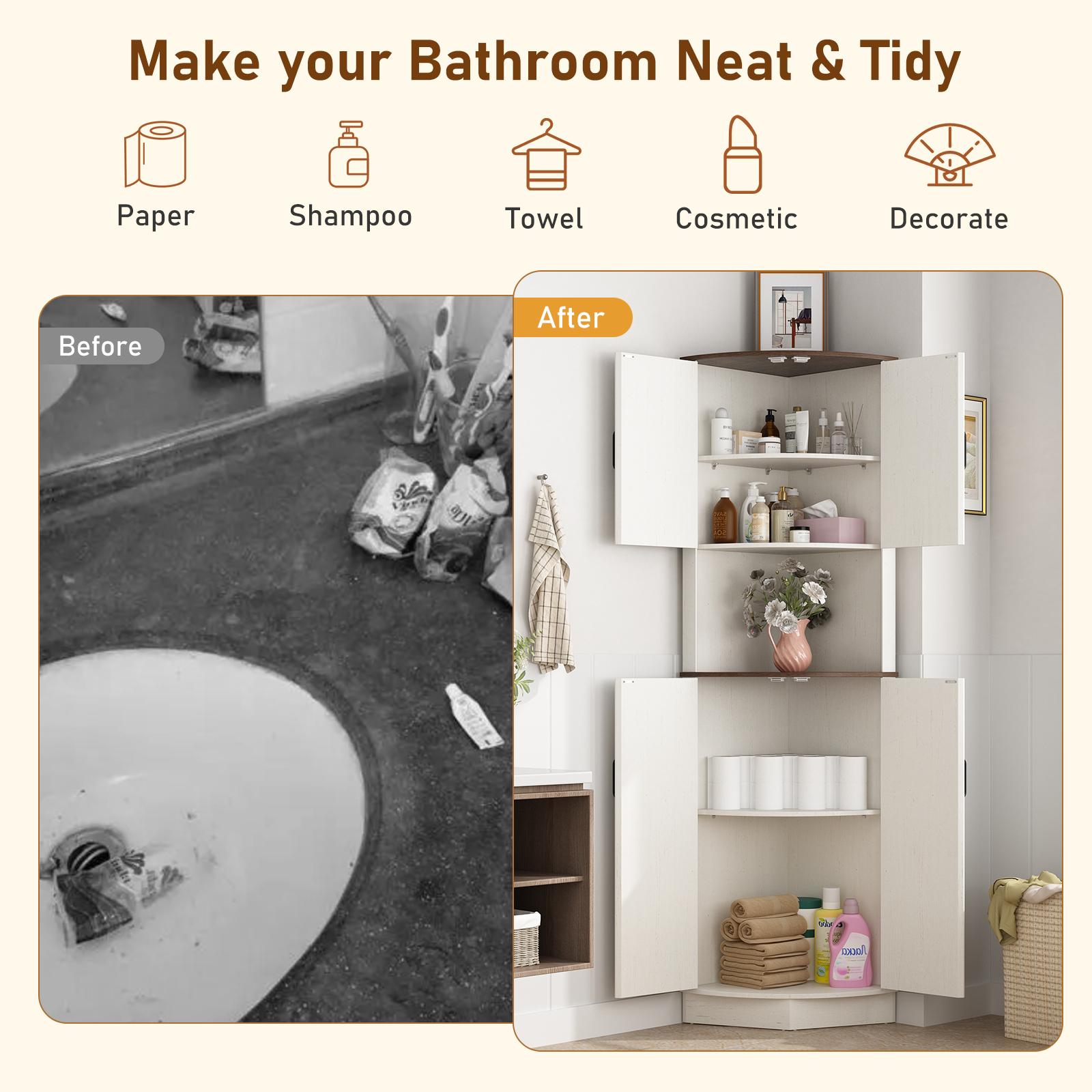 ChVans 68" Farmhouse Tall Corner Cabinet w/4 Barn Doors, 5 Tier Bookcase Storage Cabinet with Adjustable Shelves, Corner Storage Cabinet for Bathroom,Living Room,Kitchen, Brown