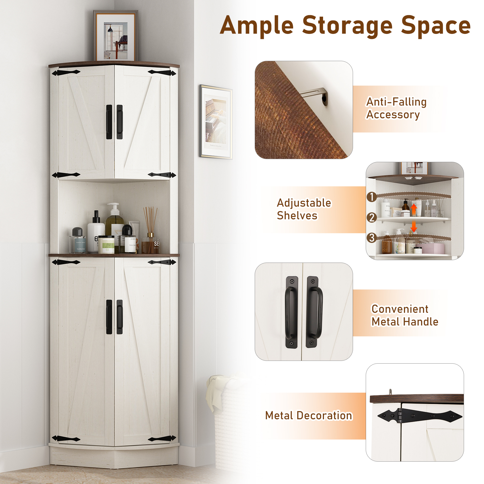 ChVans 68" Farmhouse Tall Corner Cabinet w/4 Barn Doors, 5 Tier Bookcase Storage Cabinet with Adjustable Shelves, Corner Storage Cabinet for Bathroom,Living Room,Kitchen, Brown