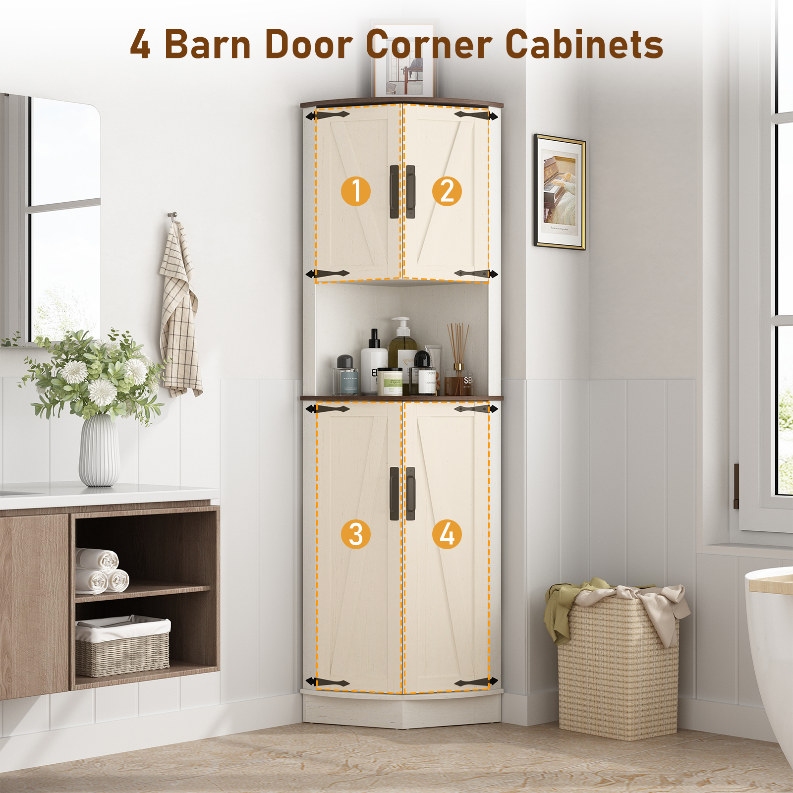 ChVans 68" Farmhouse Tall Corner Cabinet w/4 Barn Doors, 5 Tier Bookcase Storage Cabinet with Adjustable Shelves, Corner Storage Cabinet for Bathroom,Living Room,Kitchen, Brown