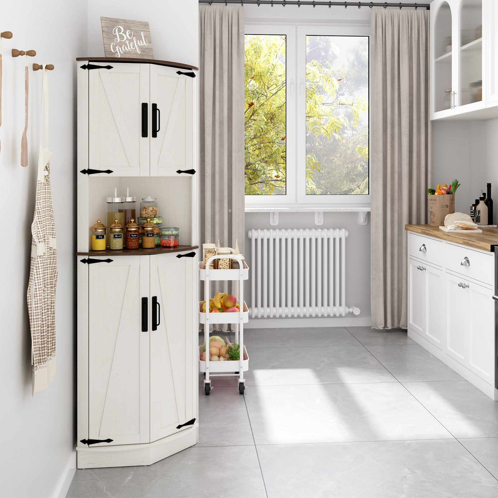 ChVans 68" Farmhouse Tall Corner Cabinet w/4 Barn Doors, 5 Tier Bookcase Storage Cabinet with Adjustable Shelves, Corner Storage Cabinet for Bathroom,Living Room,Kitchen, Brown