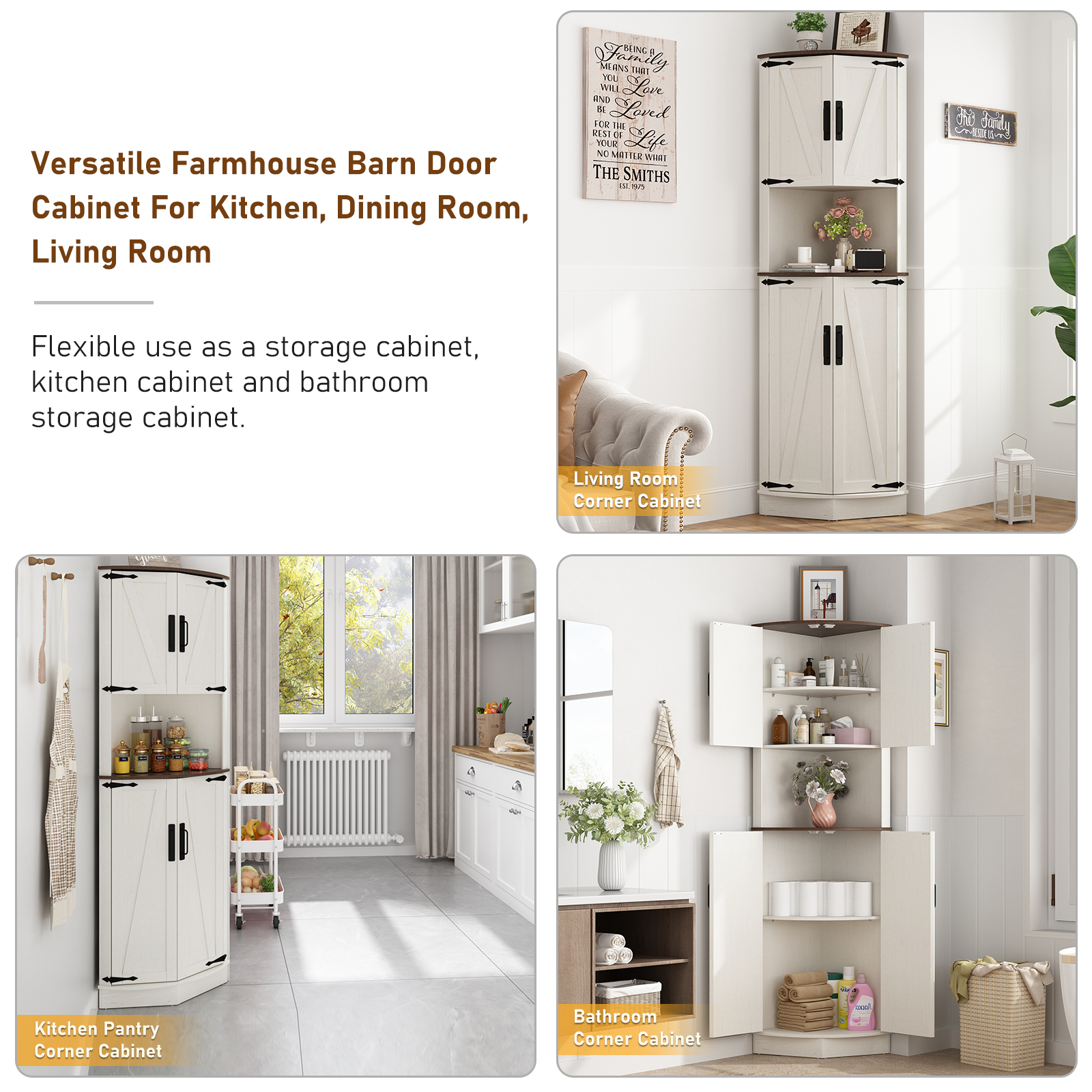 ChVans 68" Farmhouse Tall Corner Cabinet w/4 Barn Doors, 5 Tier Bookcase Storage Cabinet with Adjustable Shelves, Corner Storage Cabinet for Bathroom,Living Room,Kitchen, Brown