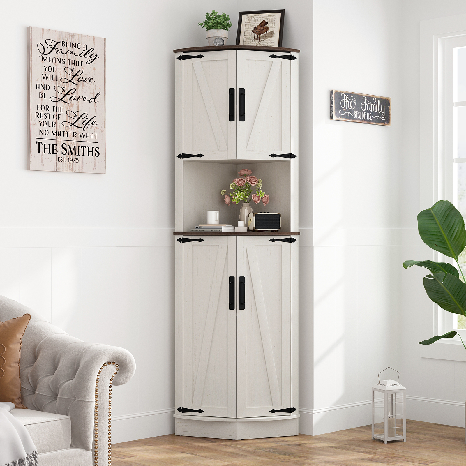 ChVans 68" Farmhouse Tall Corner Cabinet w/4 Barn Doors, 5 Tier Bookcase Storage Cabinet with Adjustable Shelves, Corner Storage Cabinet for Bathroom,Living Room,Kitchen, Brown