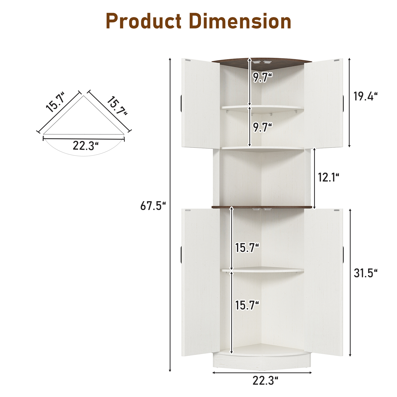 ChVans 68" Farmhouse Tall Corner Cabinet w/4 Barn Doors, 5 Tier Bookcase Storage Cabinet with Adjustable Shelves, Corner Storage Cabinet for Bathroom,Living Room,Kitchen, Brown