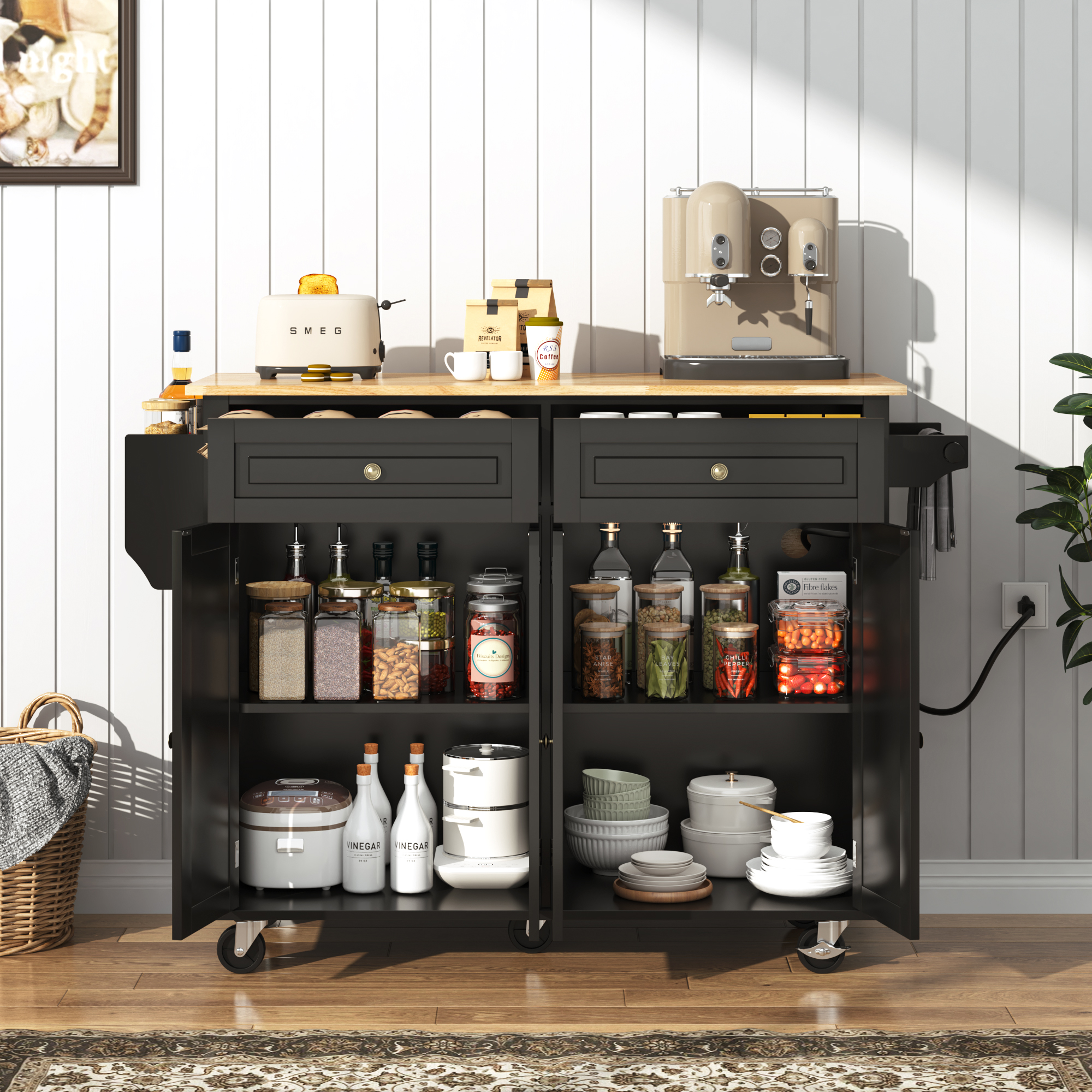 ANPOO 55" Rolling Kitchen Island with Drop Leaf and Power Outlet, Movable Kitchen Cart with Rubber wood Countertop, Island Table on Wheels for Kitchen w/2 Drawers, Spice Rack, Adjustable Shelves