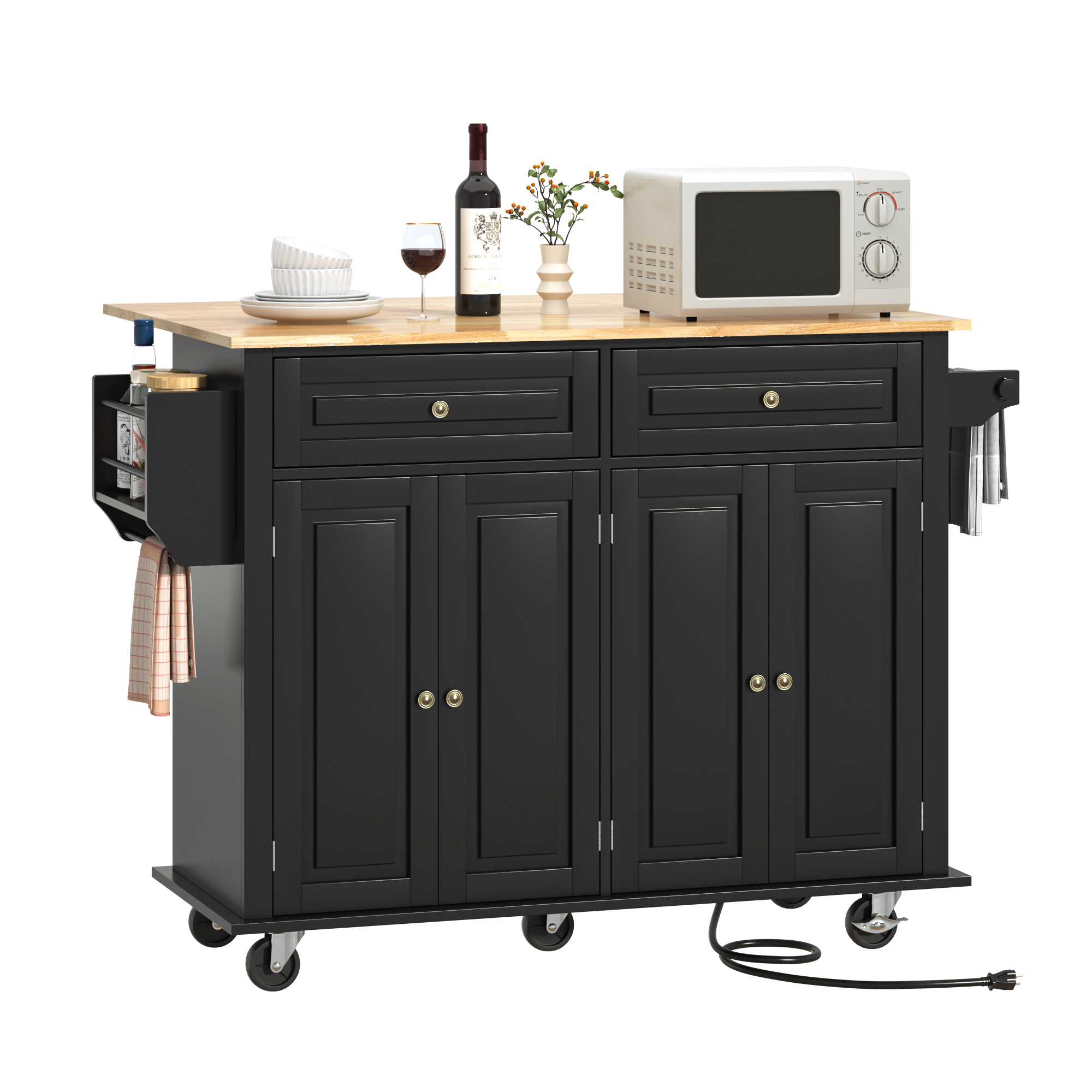 ANPOO 55" Rolling Kitchen Island with Drop Leaf and Power Outlet, Movable Kitchen Cart with Rubber wood Countertop, Island Table on Wheels for Kitchen w/2 Drawers, Spice Rack, Adjustable Shelves