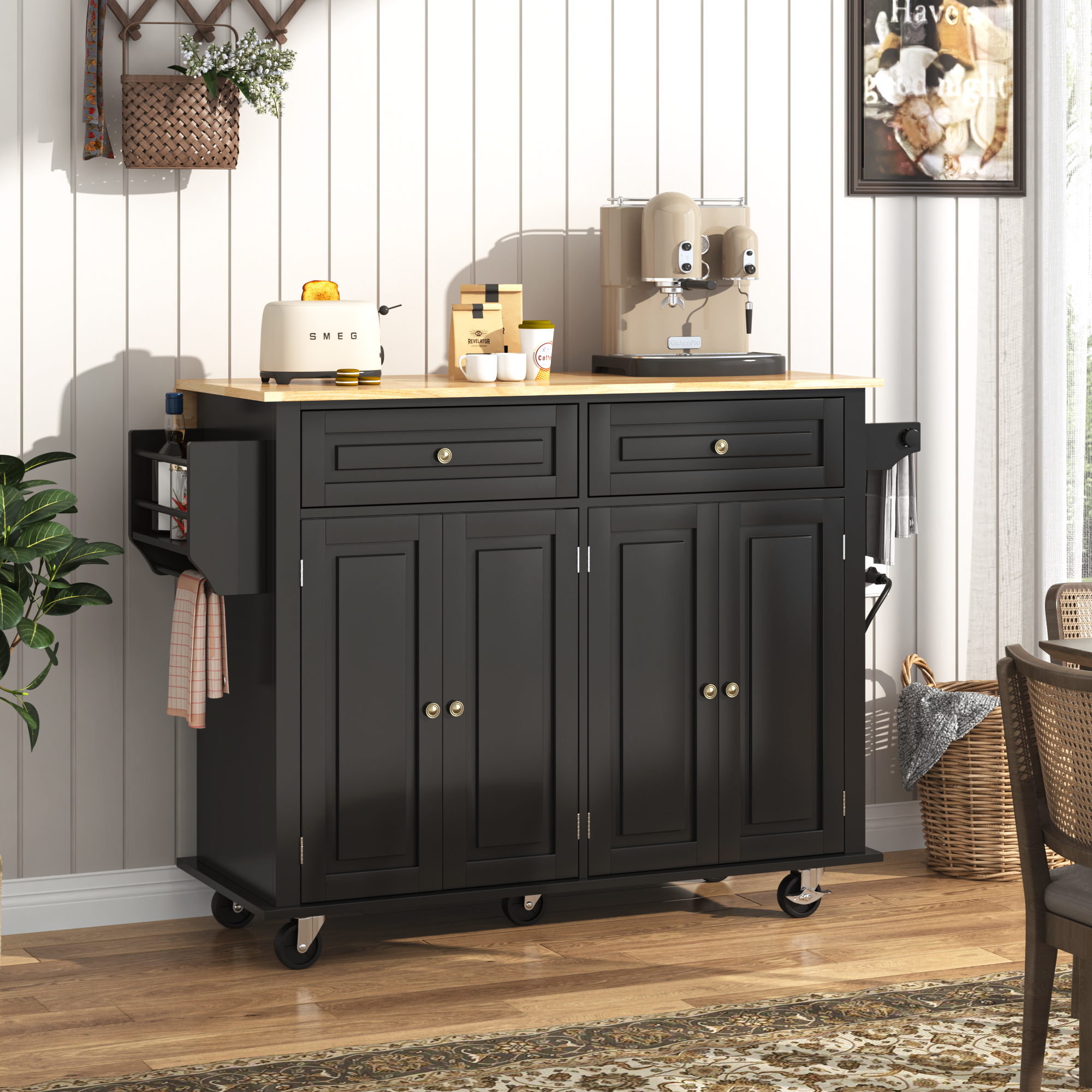 ANPOO 55" Rolling Kitchen Island with Drop Leaf and Power Outlet, Movable Kitchen Cart with Rubber wood Countertop, Island Table on Wheels for Kitchen w/2 Drawers, Spice Rack, Adjustable Shelves