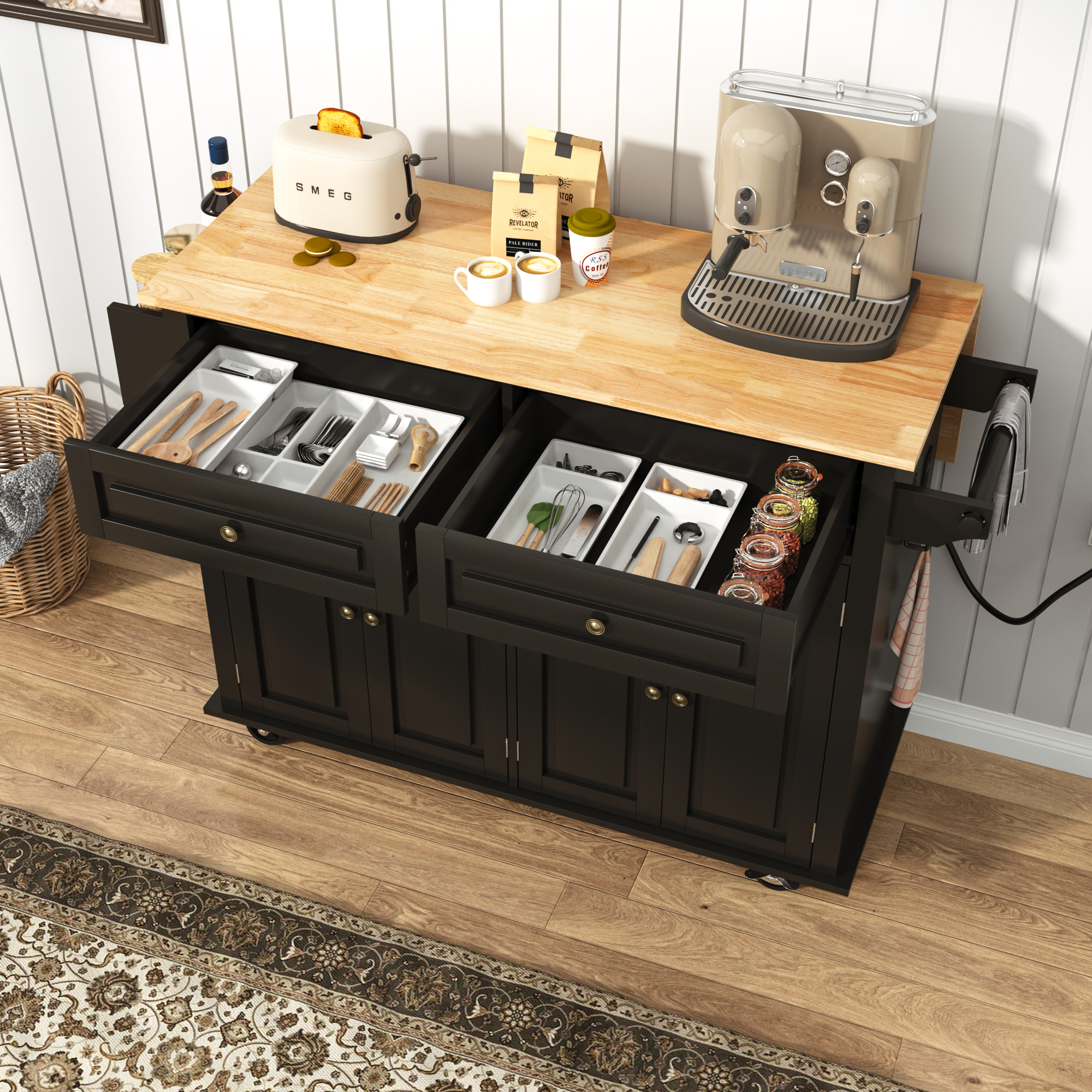 ANPOO 55" Rolling Kitchen Island with Drop Leaf and Power Outlet, Movable Kitchen Cart with Rubber wood Countertop, Island Table on Wheels for Kitchen w/2 Drawers, Spice Rack, Adjustable Shelves