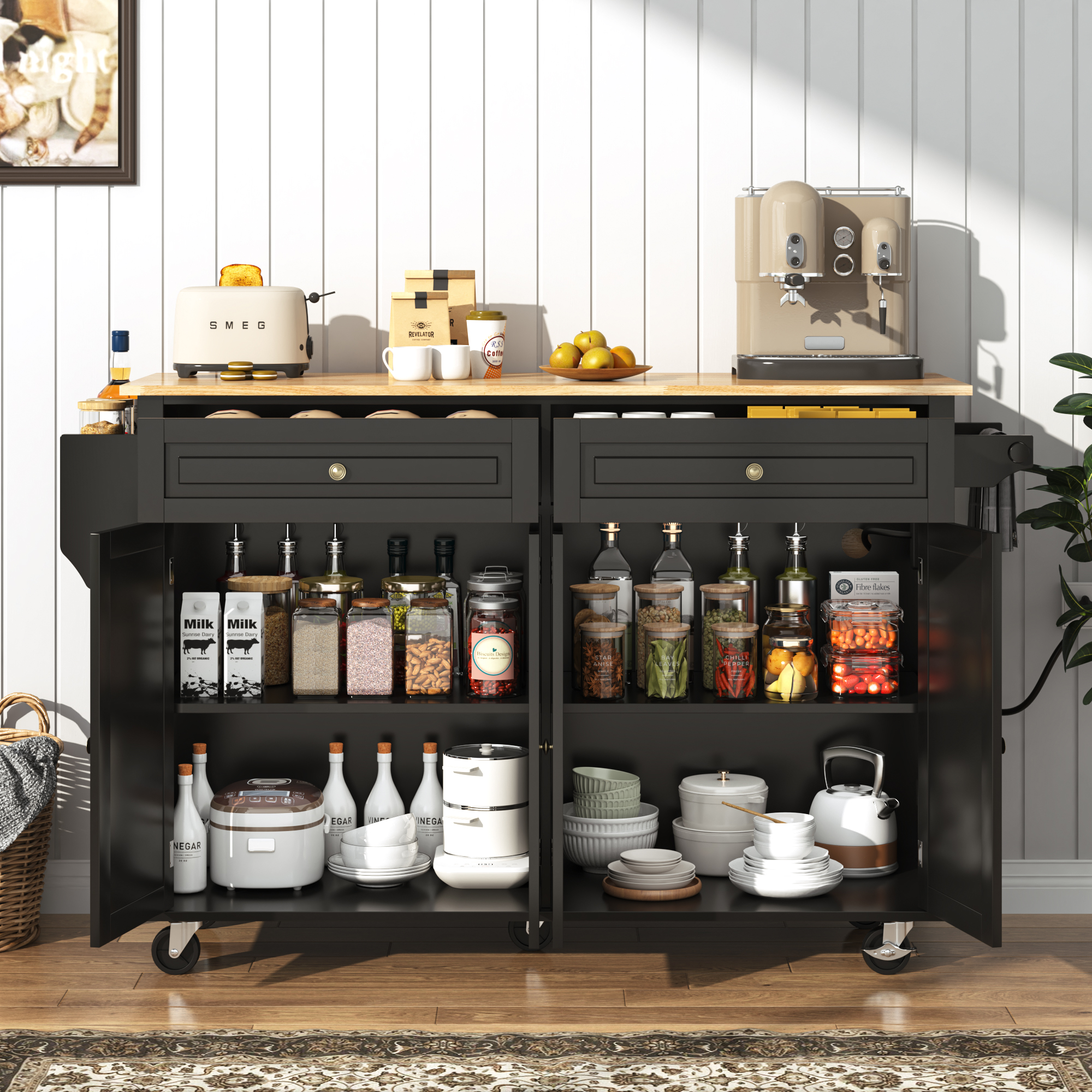 ANPOO 55" Rolling Kitchen Island with Drop Leaf and Power Outlet, Movable Kitchen Cart with Rubber wood Countertop, Island Table on Wheels for Kitchen w/2 Drawers, Spice Rack, Adjustable Shelves