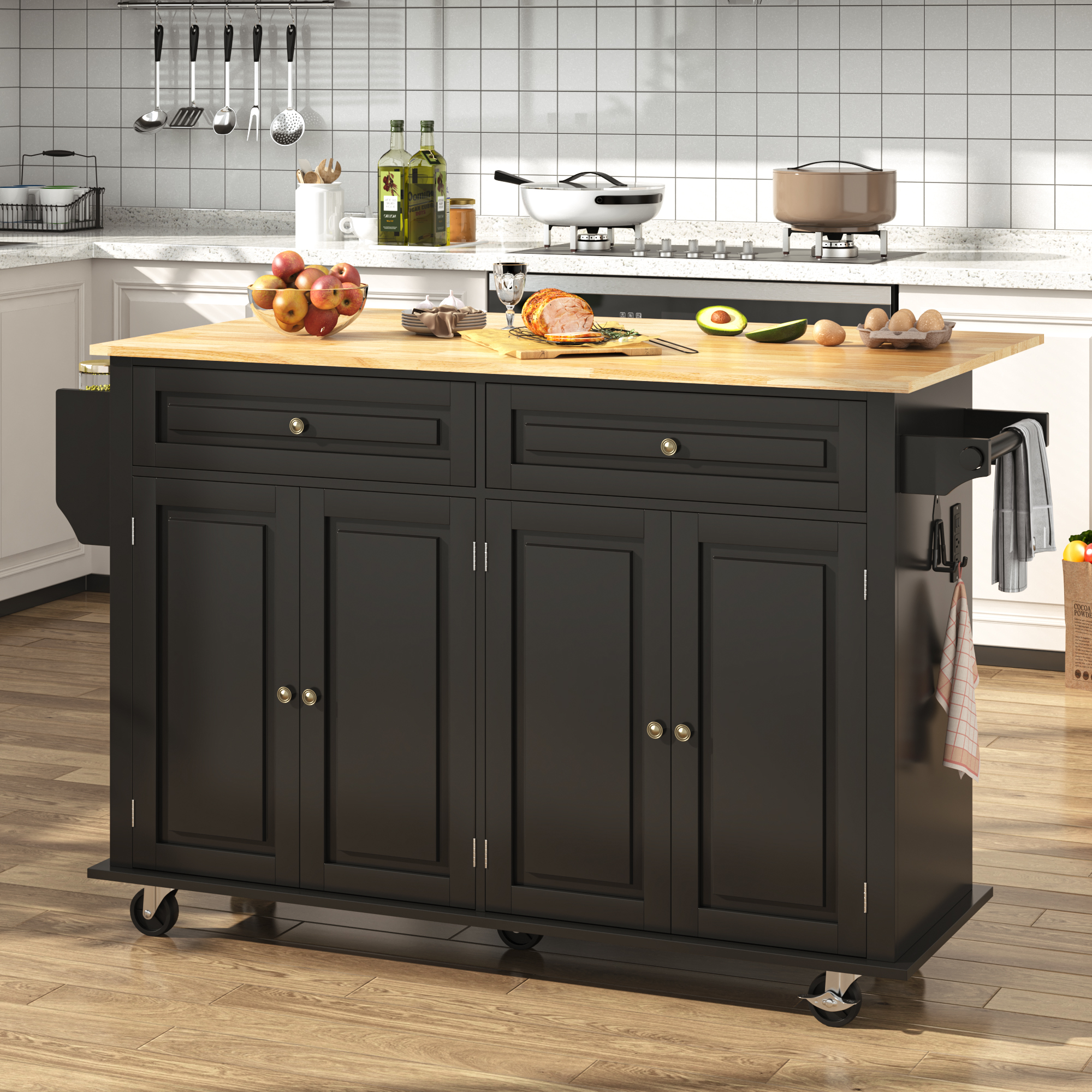 ANPOO 55" Rolling Kitchen Island with Drop Leaf and Power Outlet, Movable Kitchen Cart with Rubber wood Countertop, Island Table on Wheels for Kitchen w/2 Drawers, Spice Rack, Adjustable Shelves