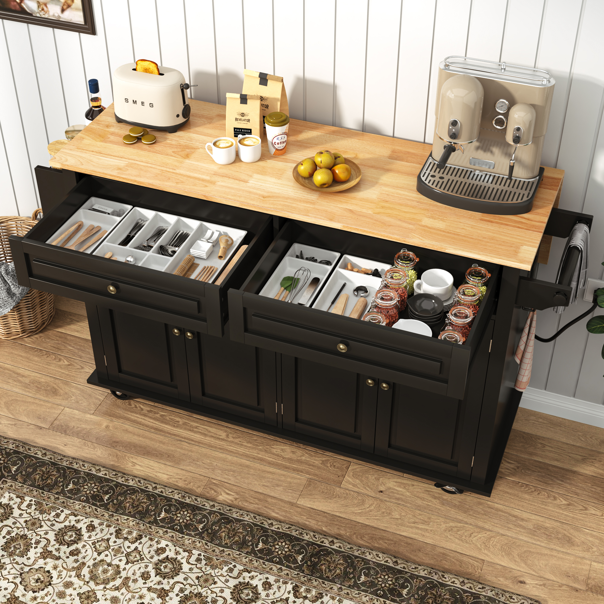 ANPOO 55" Rolling Kitchen Island with Drop Leaf and Power Outlet, Movable Kitchen Cart with Rubber wood Countertop, Island Table on Wheels for Kitchen w/2 Drawers, Spice Rack, Adjustable Shelves