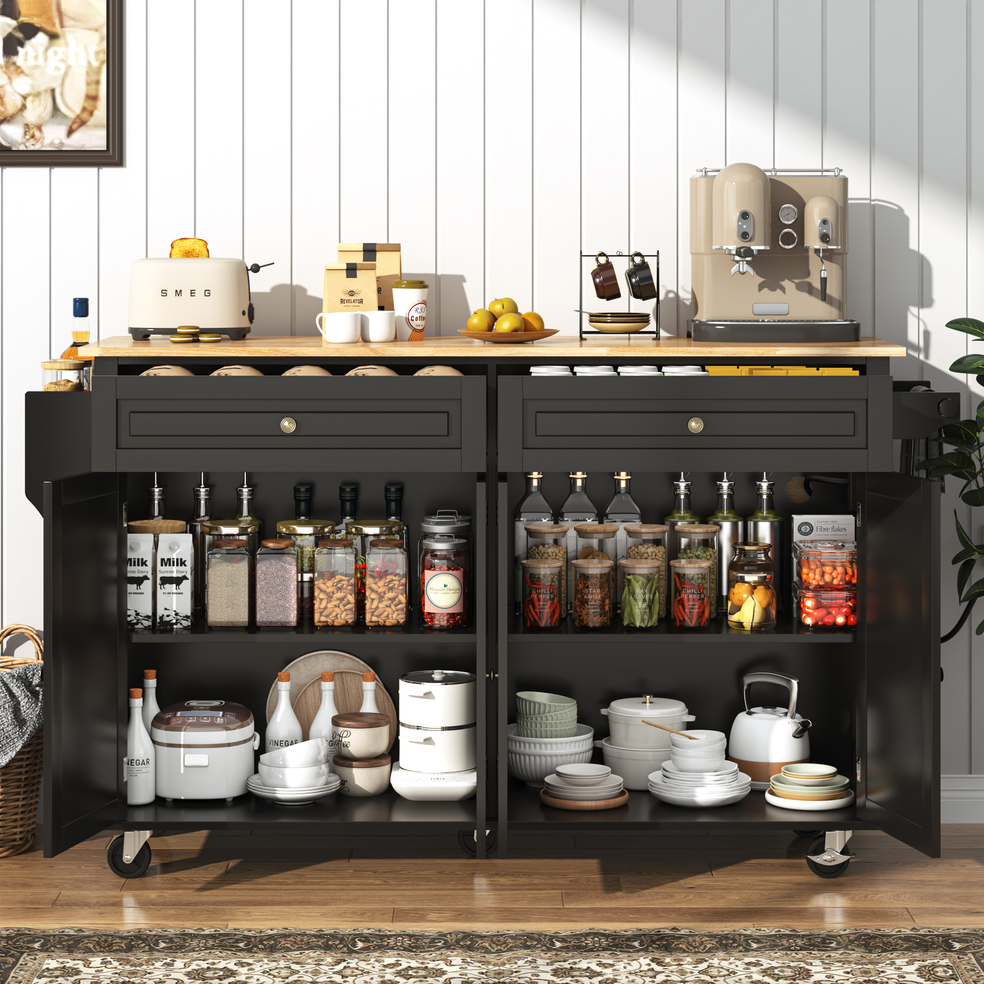 ANPOO 55" Rolling Kitchen Island with Drop Leaf and Power Outlet, Movable Kitchen Cart with Rubber wood Countertop, Island Table on Wheels for Kitchen w/2 Drawers, Spice Rack, Adjustable Shelves