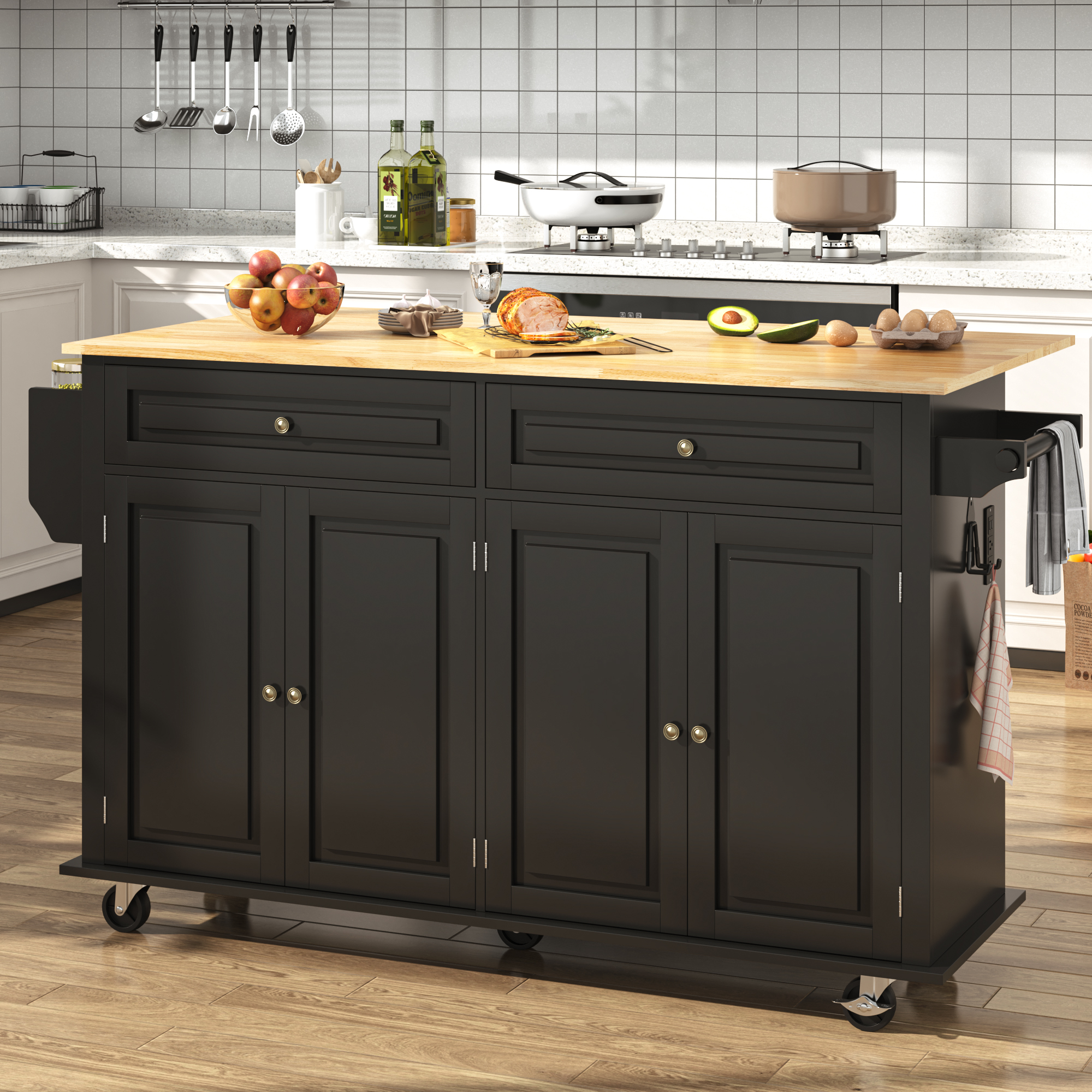 ANPOO 55" Rolling Kitchen Island with Drop Leaf and Power Outlet, Movable Kitchen Cart with Rubber wood Countertop, Island Table on Wheels for Kitchen w/2 Drawers, Spice Rack, Adjustable Shelves