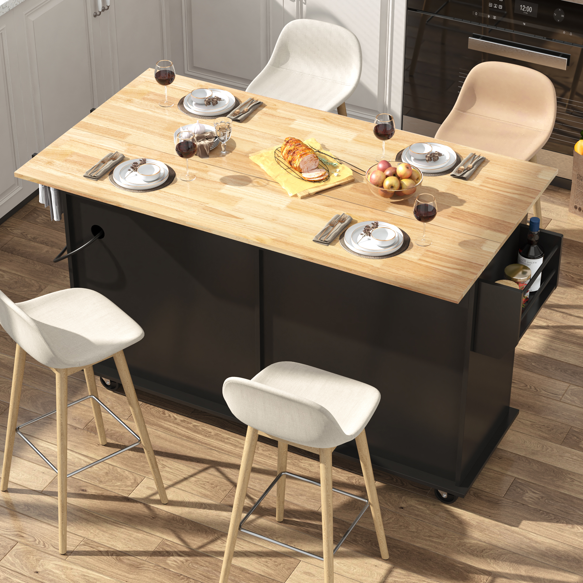 ANPOO 55" Rolling Kitchen Island with Drop Leaf and Power Outlet, Movable Kitchen Cart with Rubber wood Countertop, Island Table on Wheels for Kitchen w/2 Drawers, Spice Rack, Adjustable Shelves