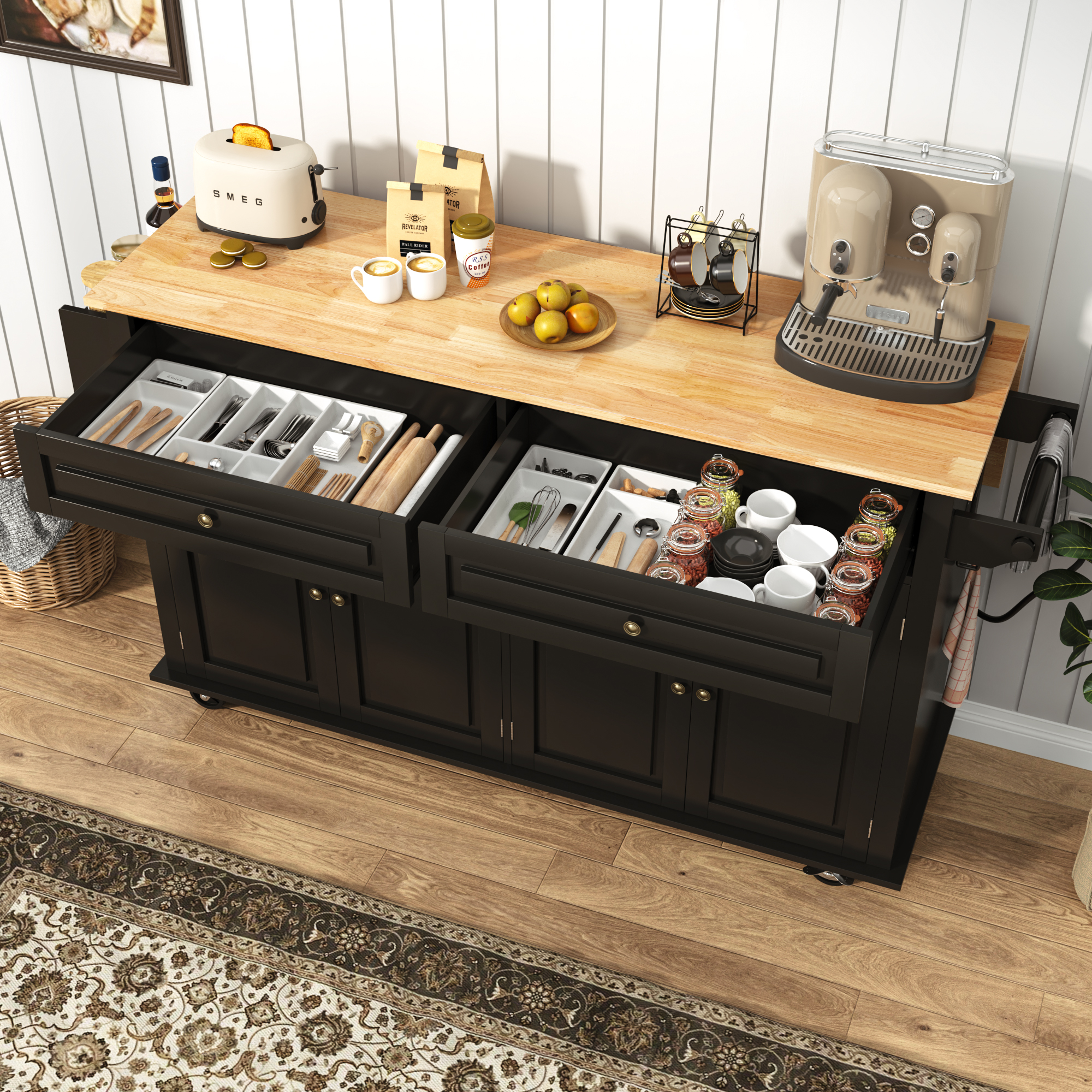 ANPOO 55" Rolling Kitchen Island with Drop Leaf and Power Outlet, Movable Kitchen Cart with Rubber wood Countertop, Island Table on Wheels for Kitchen w/2 Drawers, Spice Rack, Adjustable Shelves