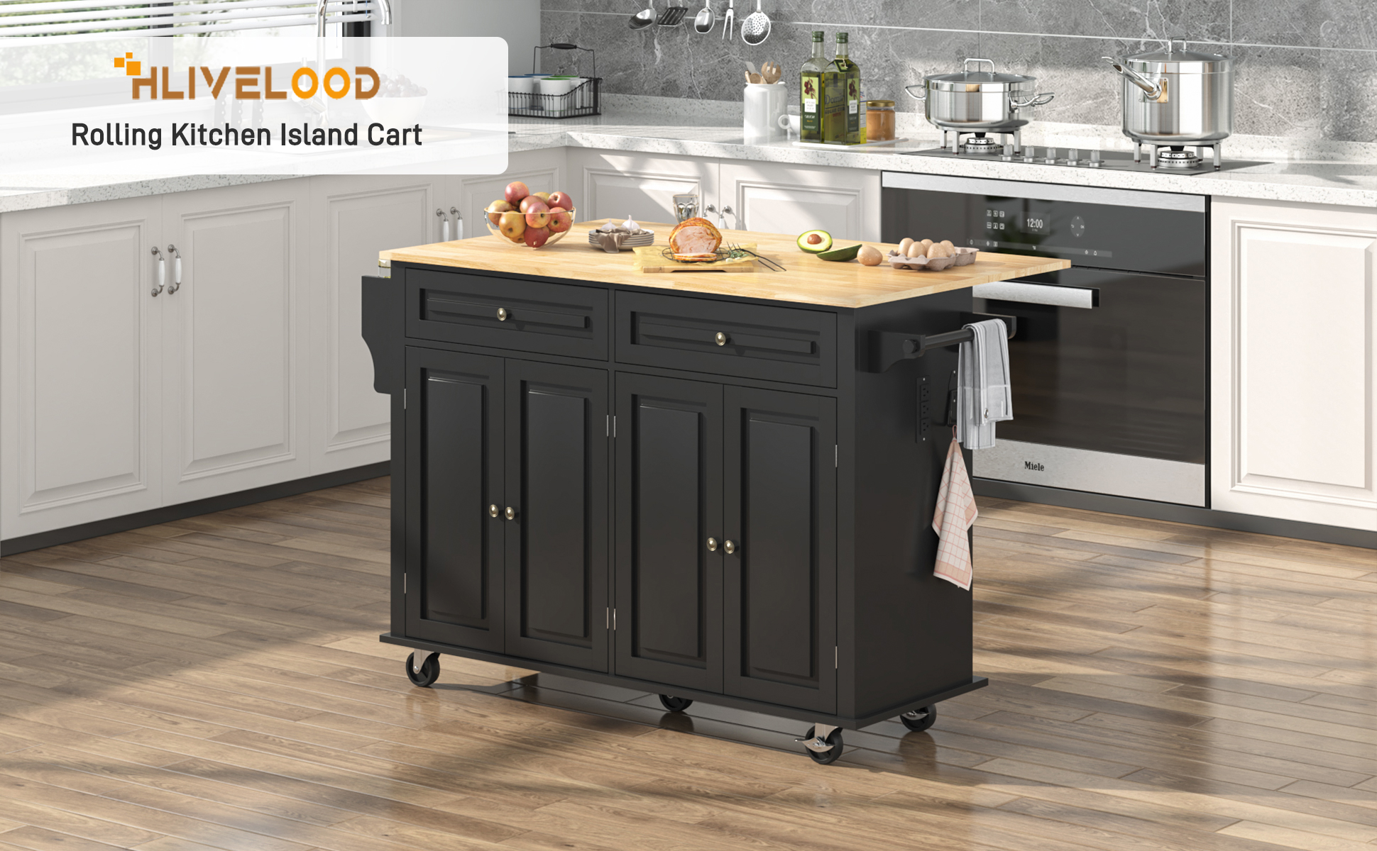 ANPOO 55" Rolling Kitchen Island with Drop Leaf and Power Outlet, Movable Kitchen Cart with Rubber wood Countertop, Island Table on Wheels for Kitchen w/2 Drawers, Spice Rack, Adjustable Shelves