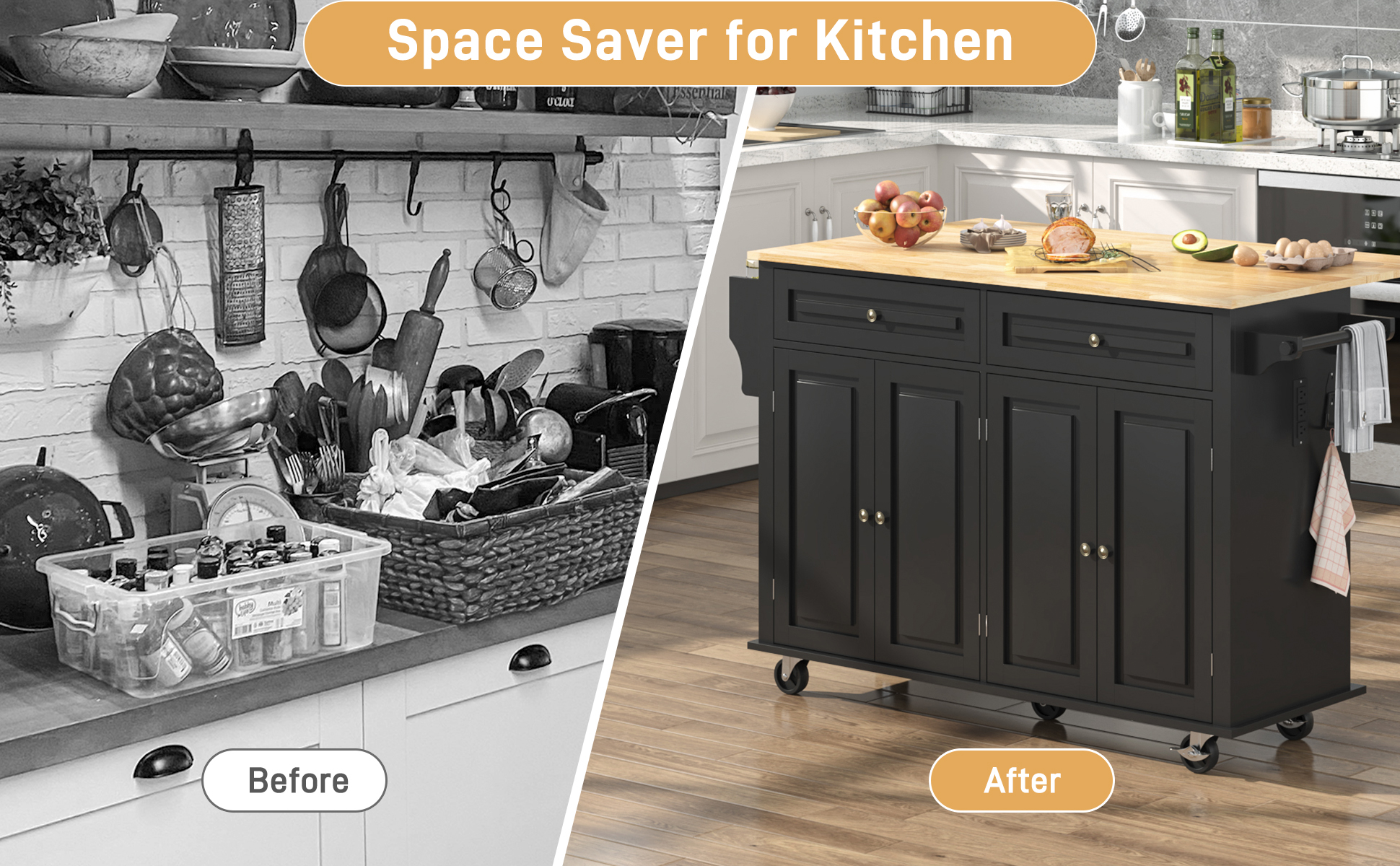 ANPOO 55" Rolling Kitchen Island with Drop Leaf and Power Outlet, Movable Kitchen Cart with Rubber wood Countertop, Island Table on Wheels for Kitchen w/2 Drawers, Spice Rack, Adjustable Shelves