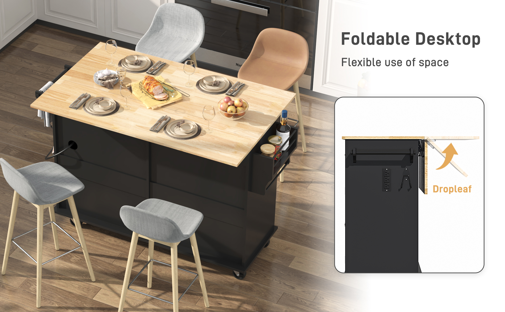 ANPOO 55" Rolling Kitchen Island with Drop Leaf and Power Outlet, Movable Kitchen Cart with Rubber wood Countertop, Island Table on Wheels for Kitchen w/2 Drawers, Spice Rack, Adjustable Shelves