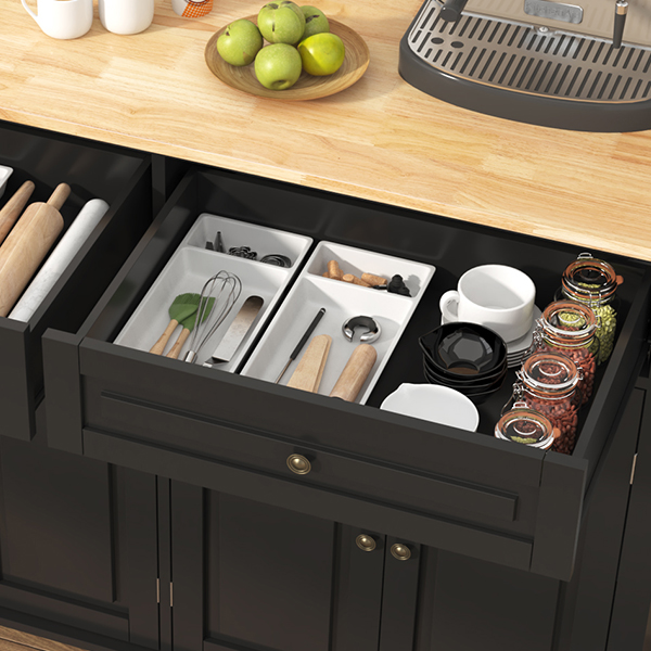 ANPOO 55" Rolling Kitchen Island with Drop Leaf and Power Outlet, Movable Kitchen Cart with Rubber wood Countertop, Island Table on Wheels for Kitchen w/2 Drawers, Spice Rack, Adjustable Shelves