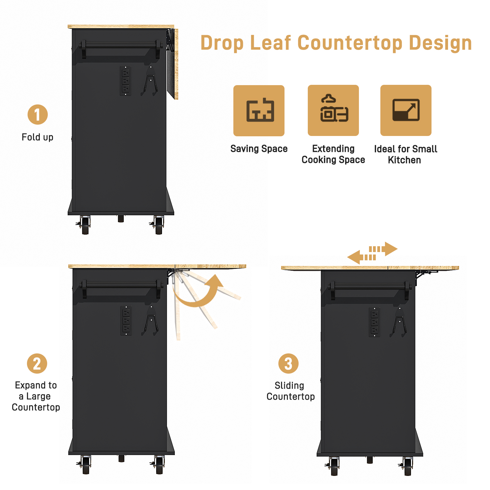 ANPOO 55" Rolling Kitchen Island with Drop Leaf and Power Outlet, Movable Kitchen Cart with Rubber wood Countertop, Island Table on Wheels for Kitchen w/2 Drawers, Spice Rack, Adjustable Shelves