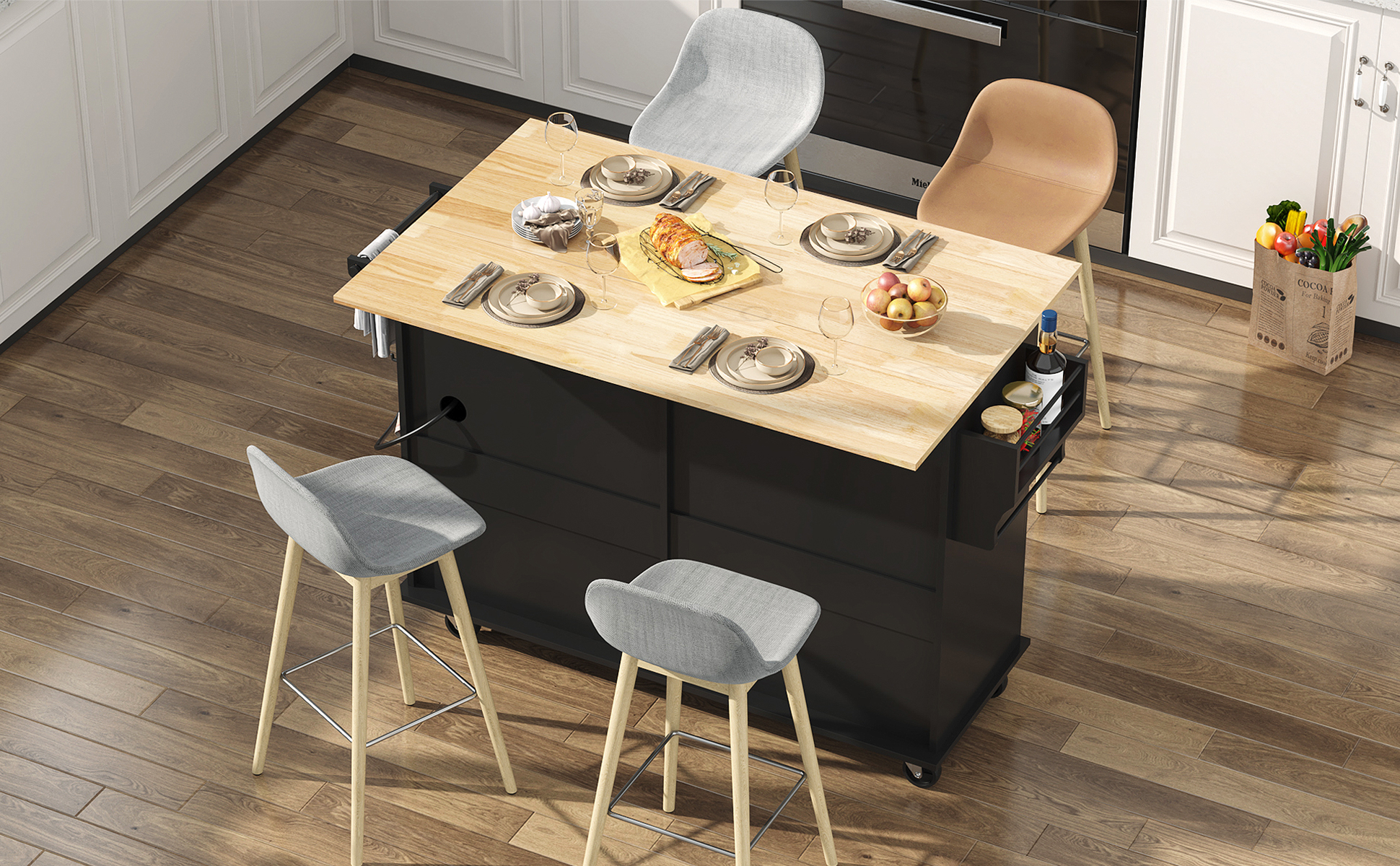 ANPOO 55" Rolling Kitchen Island with Drop Leaf and Power Outlet, Movable Kitchen Cart with Rubber wood Countertop, Island Table on Wheels for Kitchen w/2 Drawers, Spice Rack, Adjustable Shelves