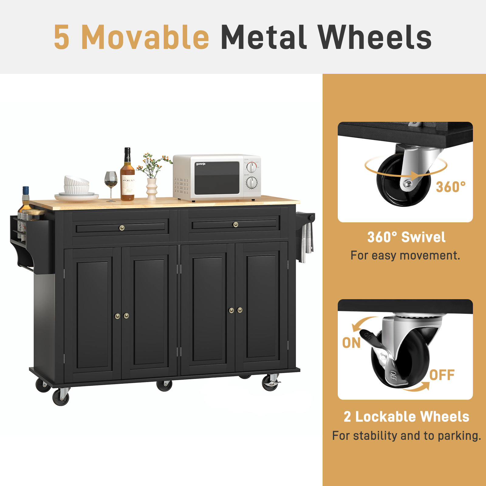 ANPOO 55" Rolling Kitchen Island with Drop Leaf and Power Outlet, Movable Kitchen Cart with Rubber wood Countertop, Island Table on Wheels for Kitchen w/2 Drawers, Spice Rack, Adjustable Shelves