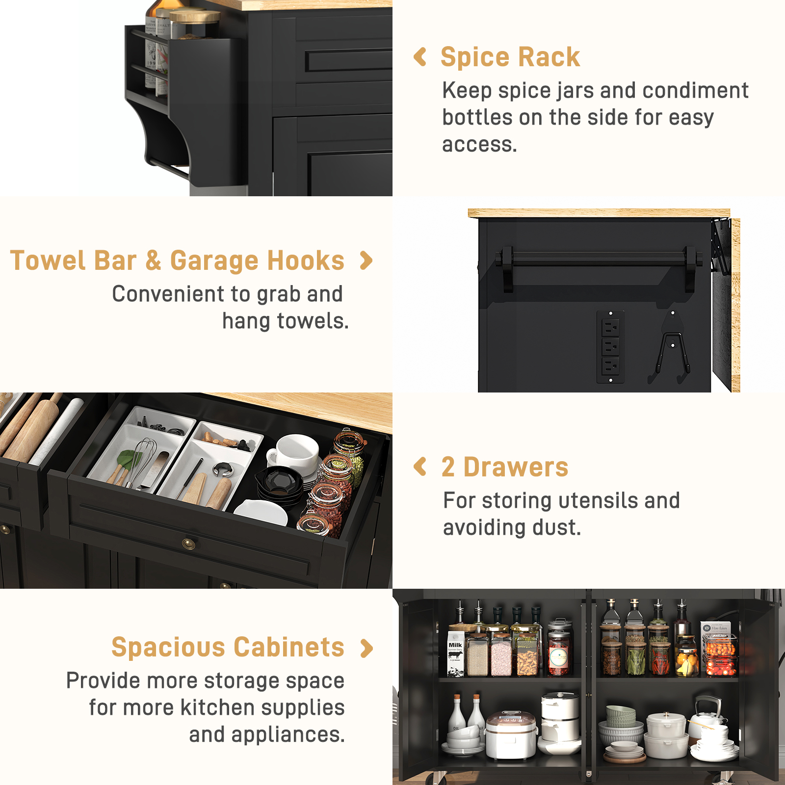 ANPOO 55" Rolling Kitchen Island with Drop Leaf and Power Outlet, Movable Kitchen Cart with Rubber wood Countertop, Island Table on Wheels for Kitchen w/2 Drawers, Spice Rack, Adjustable Shelves