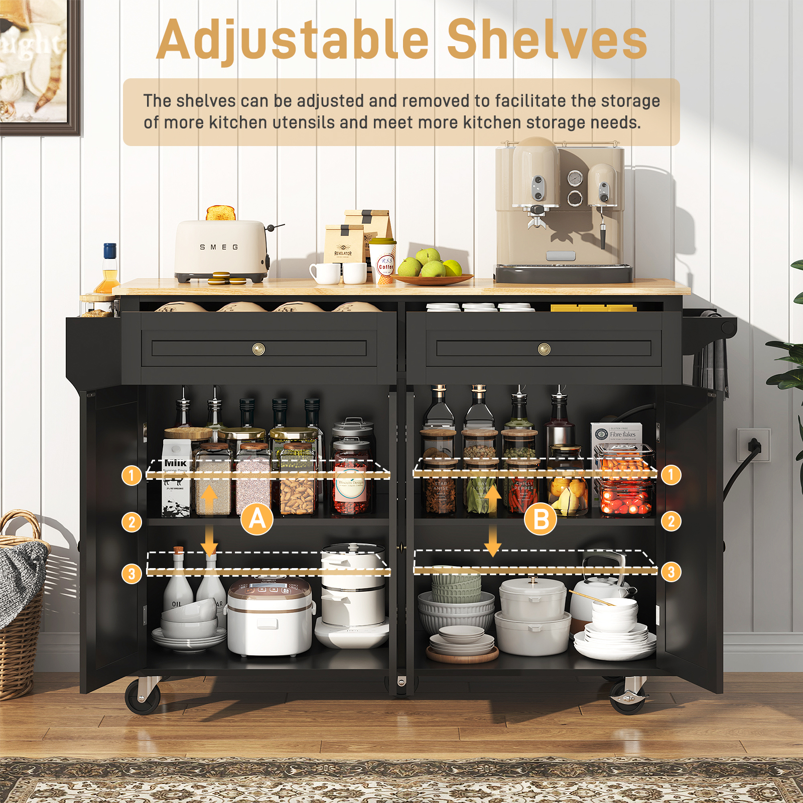 ANPOO 55" Rolling Kitchen Island with Drop Leaf and Power Outlet, Movable Kitchen Cart with Rubber wood Countertop, Island Table on Wheels for Kitchen w/2 Drawers, Spice Rack, Adjustable Shelves