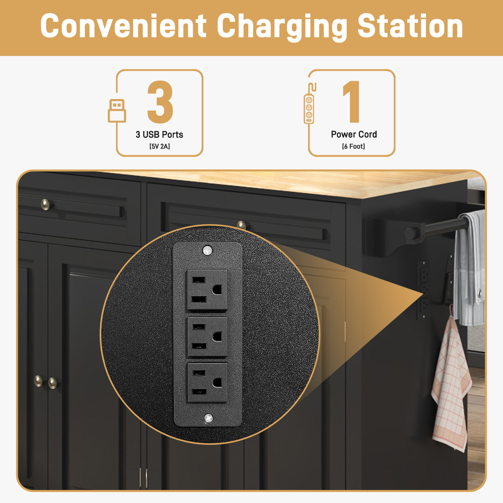 ANPOO 55" Rolling Kitchen Island with Drop Leaf and Power Outlet, Movable Kitchen Cart with Rubber wood Countertop, Island Table on Wheels for Kitchen w/2 Drawers, Spice Rack, Adjustable Shelves