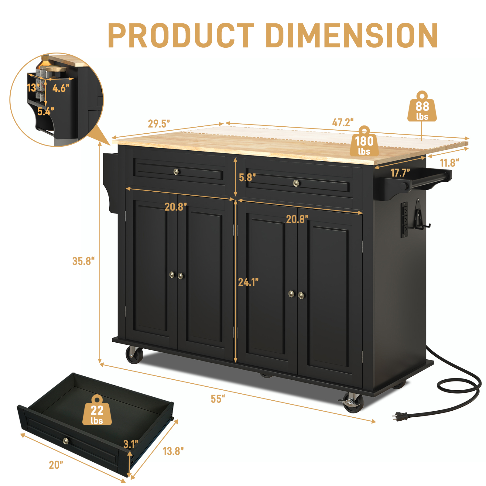 ANPOO 55" Rolling Kitchen Island with Drop Leaf and Power Outlet, Movable Kitchen Cart with Rubber wood Countertop, Island Table on Wheels for Kitchen w/2 Drawers, Spice Rack, Adjustable Shelves