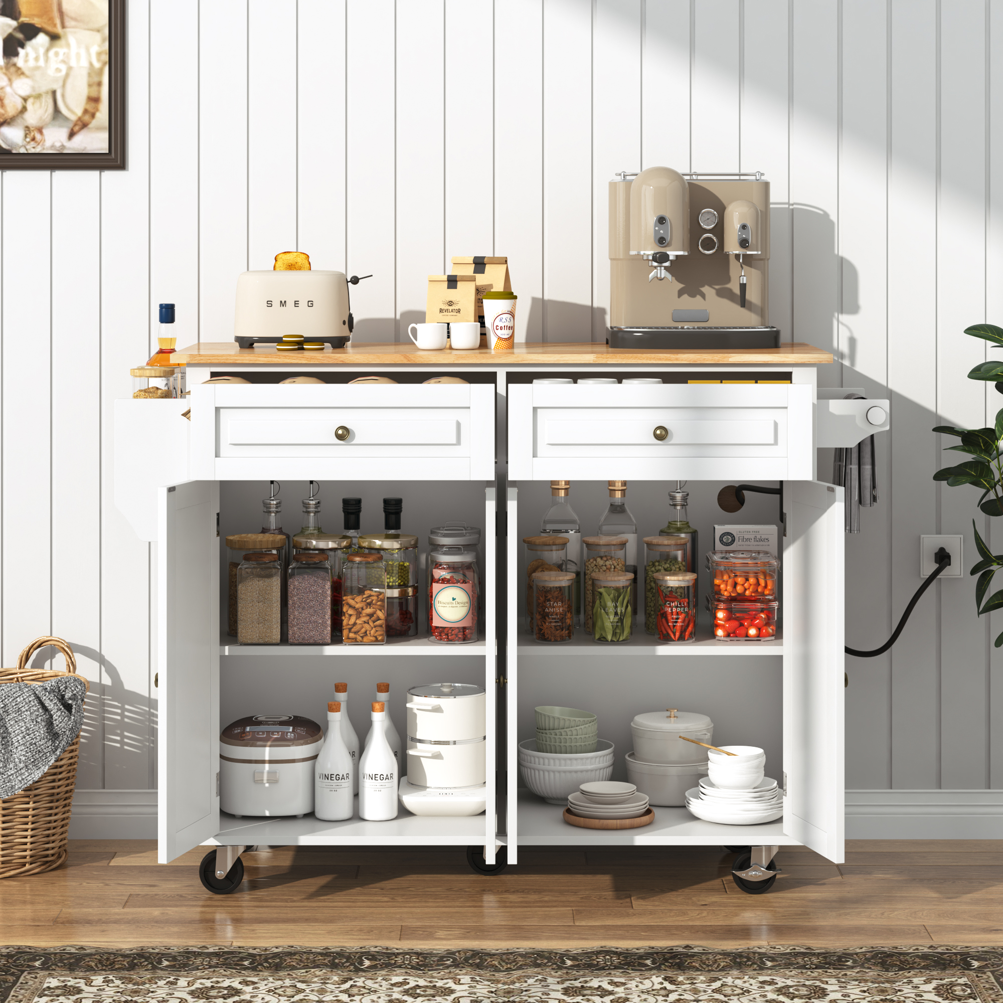 ANPOO 55" Rolling Kitchen Island with Drop Leaf and Power Outlet, Movable Kitchen Cart with Rubber wood Countertop, Island Table on Wheels for Kitchen w/2 Drawers, Spice Rack, Adjustable Shelves