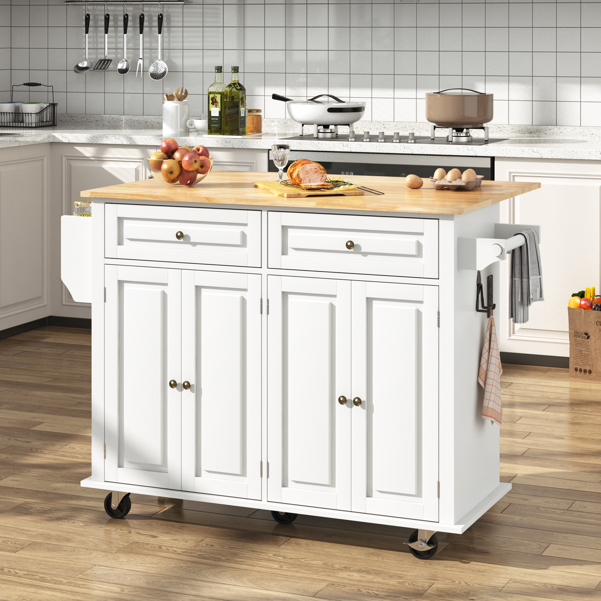 ANPOO 55" Rolling Kitchen Island with Drop Leaf and Power Outlet, Movable Kitchen Cart with Rubber wood Countertop, Island Table on Wheels for Kitchen w/2 Drawers, Spice Rack, Adjustable Shelves