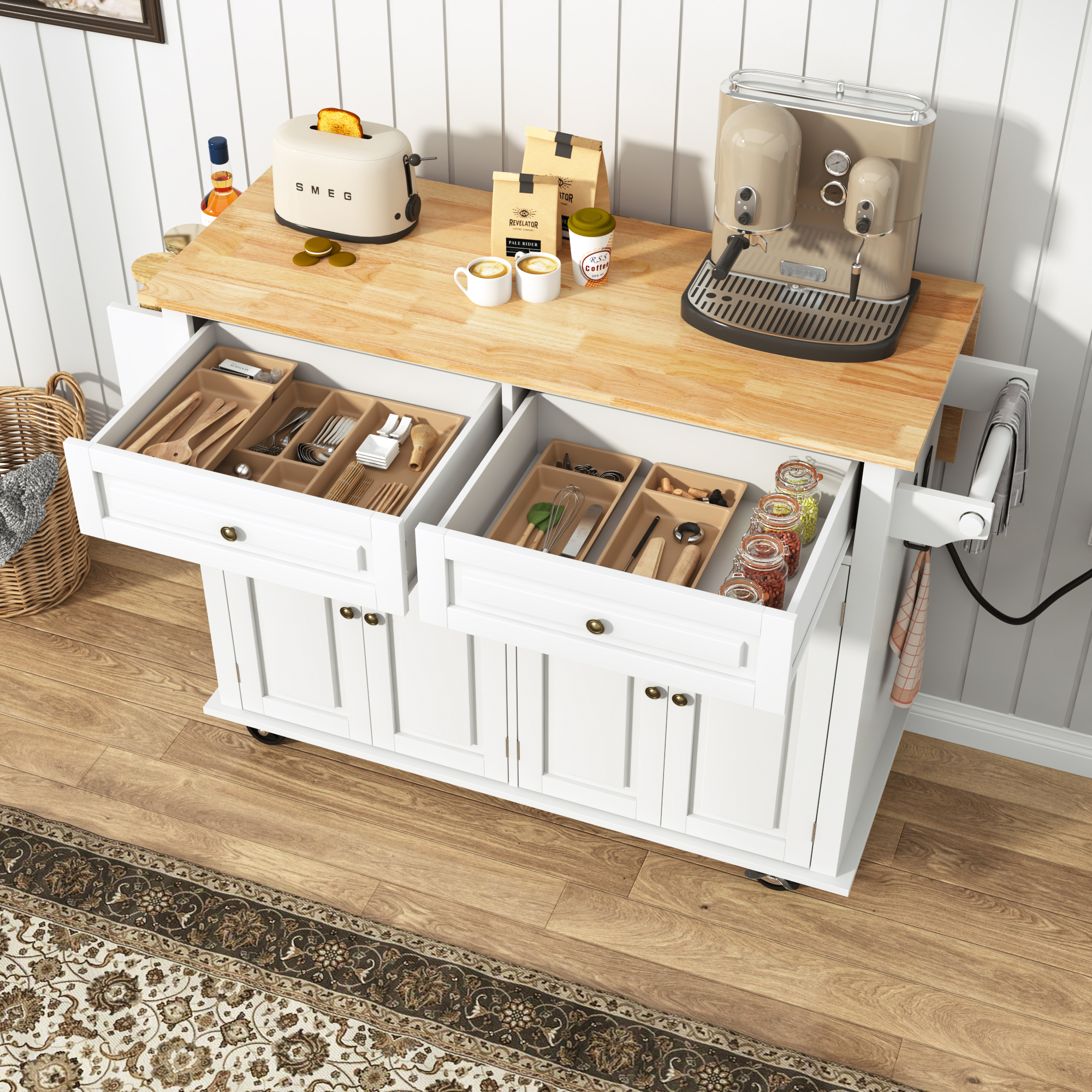 ANPOO 55" Rolling Kitchen Island with Drop Leaf and Power Outlet, Movable Kitchen Cart with Rubber wood Countertop, Island Table on Wheels for Kitchen w/2 Drawers, Spice Rack, Adjustable Shelves