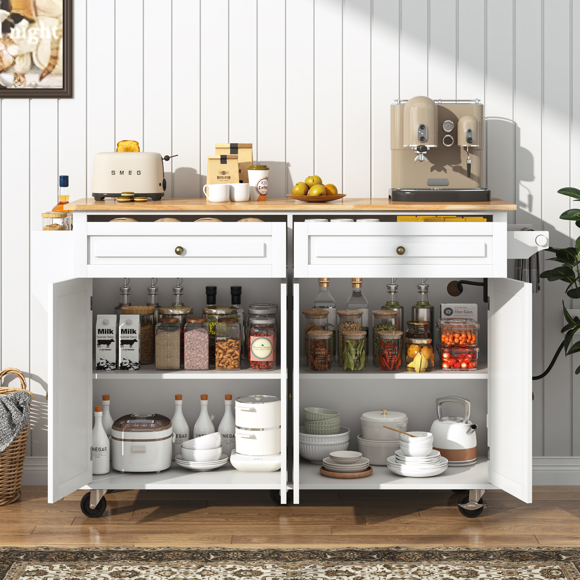 ANPOO 55" Rolling Kitchen Island with Drop Leaf and Power Outlet, Movable Kitchen Cart with Rubber wood Countertop, Island Table on Wheels for Kitchen w/2 Drawers, Spice Rack, Adjustable Shelves