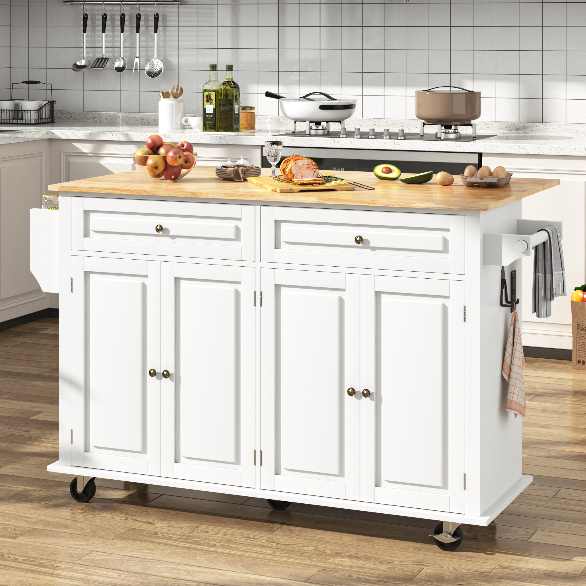 ANPOO 55" Rolling Kitchen Island with Drop Leaf and Power Outlet, Movable Kitchen Cart with Rubber wood Countertop, Island Table on Wheels for Kitchen w/2 Drawers, Spice Rack, Adjustable Shelves