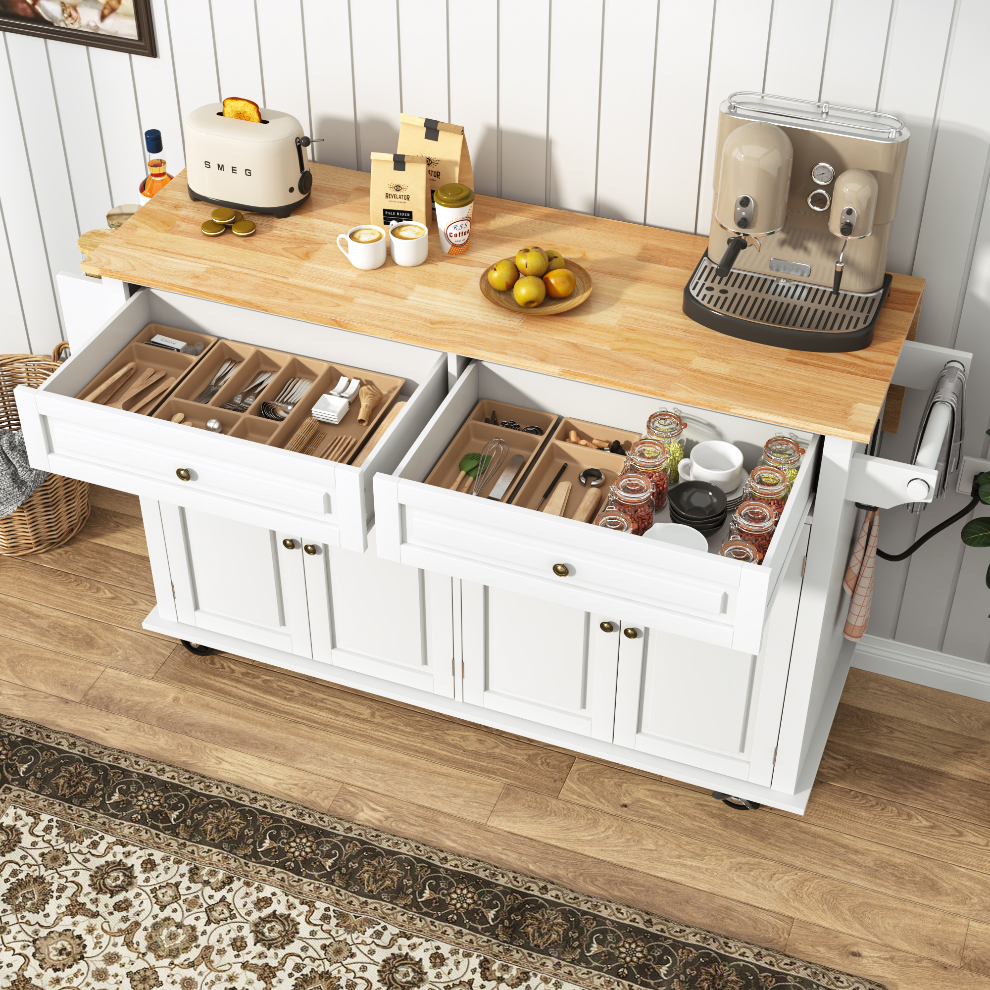 ANPOO 55" Rolling Kitchen Island with Drop Leaf and Power Outlet, Movable Kitchen Cart with Rubber wood Countertop, Island Table on Wheels for Kitchen w/2 Drawers, Spice Rack, Adjustable Shelves