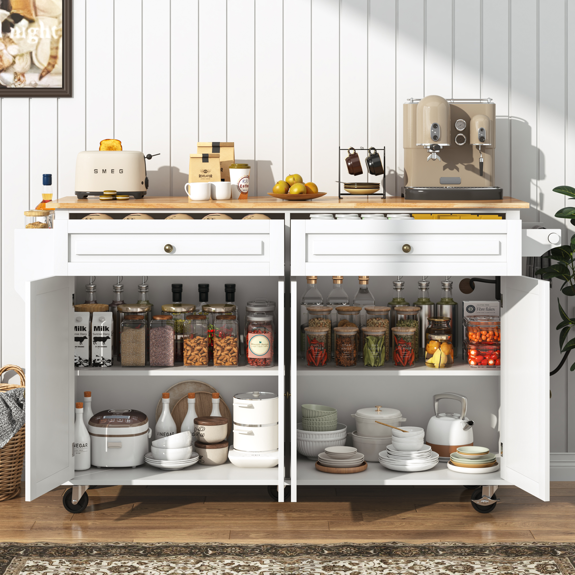 ANPOO 55" Rolling Kitchen Island with Drop Leaf and Power Outlet, Movable Kitchen Cart with Rubber wood Countertop, Island Table on Wheels for Kitchen w/2 Drawers, Spice Rack, Adjustable Shelves