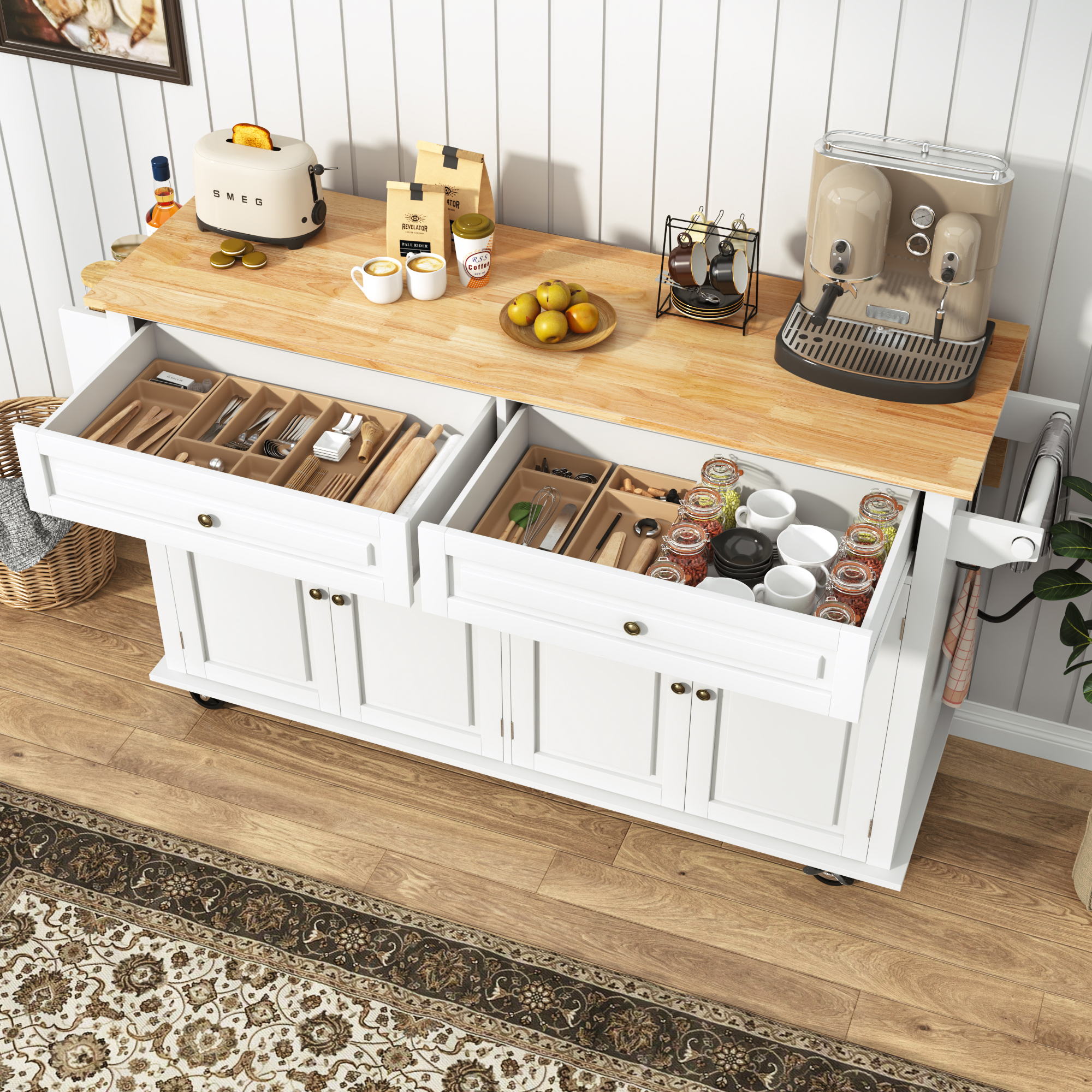 ANPOO 55" Rolling Kitchen Island with Drop Leaf and Power Outlet, Movable Kitchen Cart with Rubber wood Countertop, Island Table on Wheels for Kitchen w/2 Drawers, Spice Rack, Adjustable Shelves