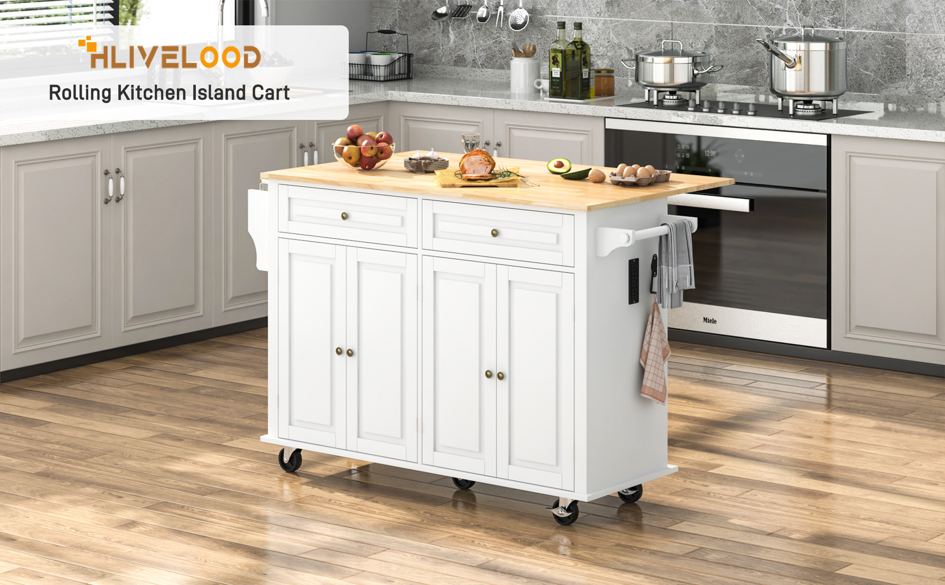 ANPOO 55" Rolling Kitchen Island with Drop Leaf and Power Outlet, Movable Kitchen Cart with Rubber wood Countertop, Island Table on Wheels for Kitchen w/2 Drawers, Spice Rack, Adjustable Shelves