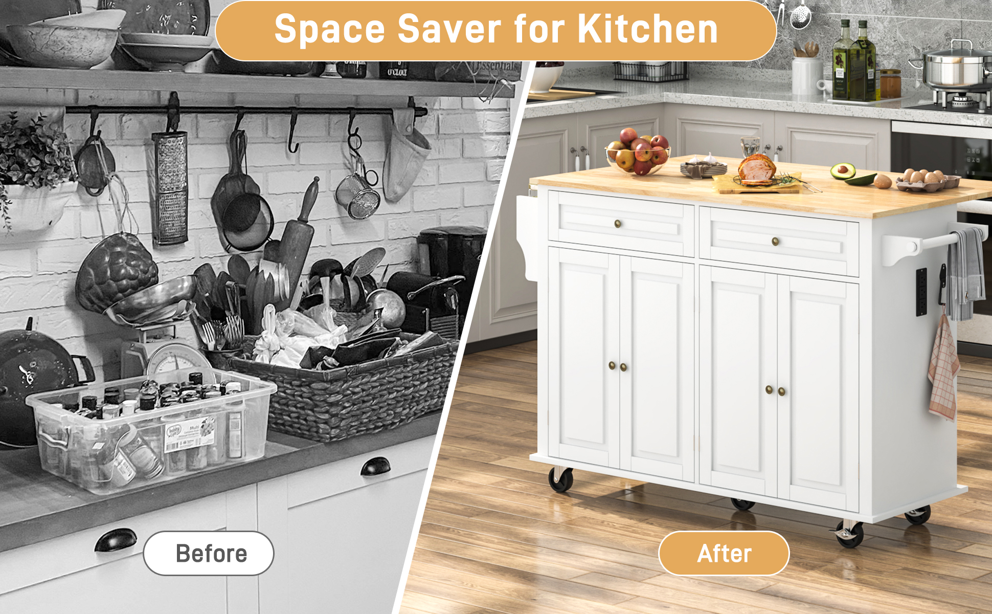 ANPOO 55" Rolling Kitchen Island with Drop Leaf and Power Outlet, Movable Kitchen Cart with Rubber wood Countertop, Island Table on Wheels for Kitchen w/2 Drawers, Spice Rack, Adjustable Shelves