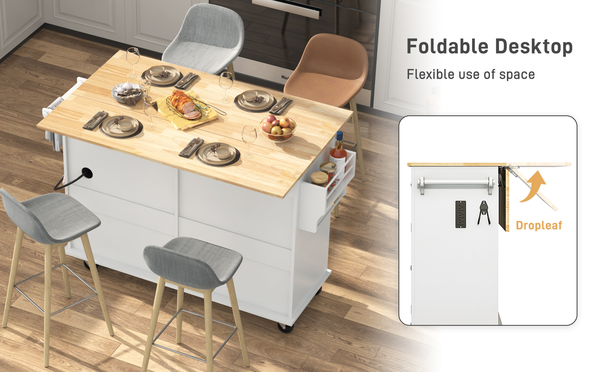 ANPOO 55" Rolling Kitchen Island with Drop Leaf and Power Outlet, Movable Kitchen Cart with Rubber wood Countertop, Island Table on Wheels for Kitchen w/2 Drawers, Spice Rack, Adjustable Shelves