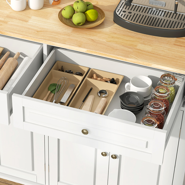 ANPOO 55" Rolling Kitchen Island with Drop Leaf and Power Outlet, Movable Kitchen Cart with Rubber wood Countertop, Island Table on Wheels for Kitchen w/2 Drawers, Spice Rack, Adjustable Shelves