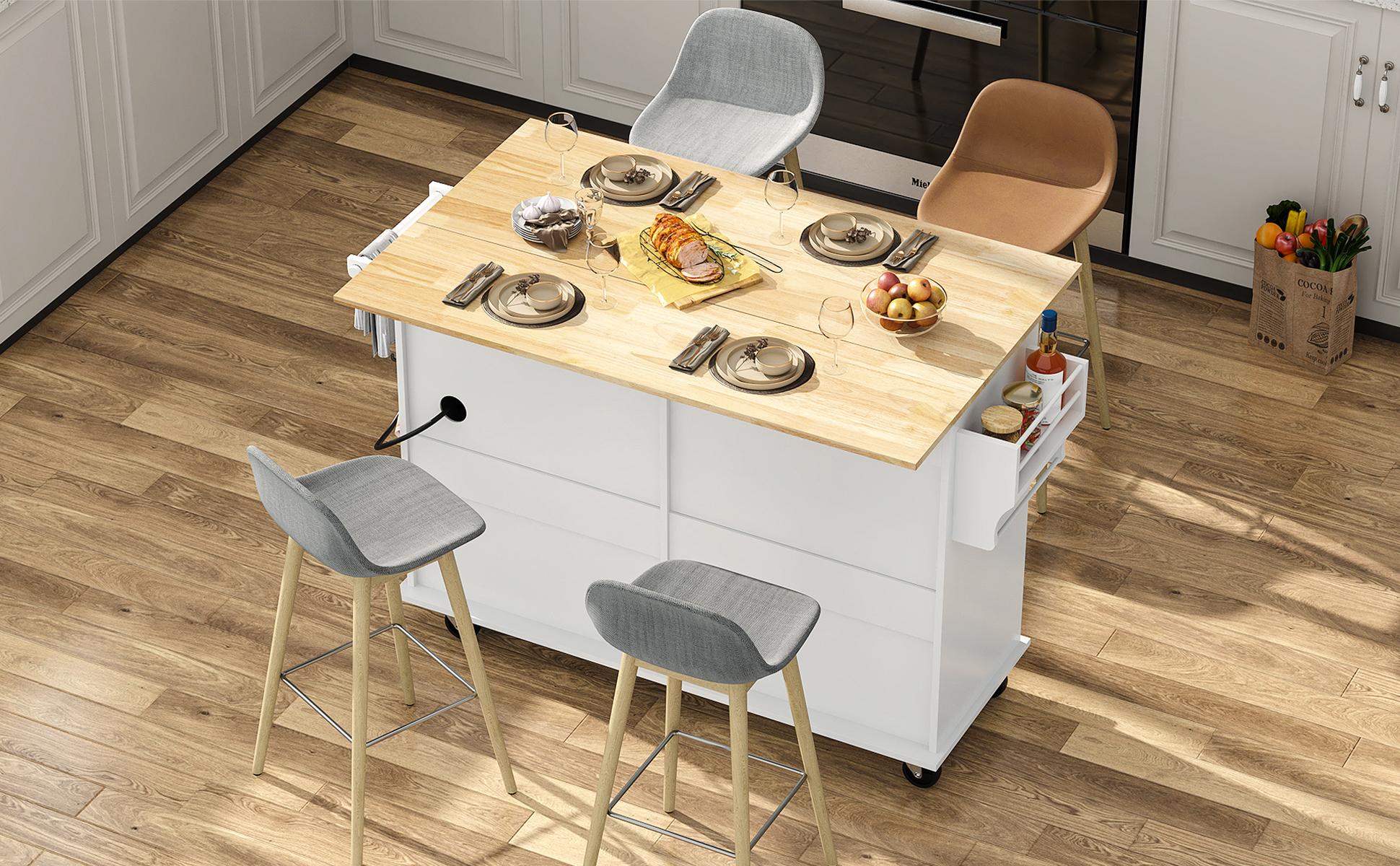 ANPOO 55" Rolling Kitchen Island with Drop Leaf and Power Outlet, Movable Kitchen Cart with Rubber wood Countertop, Island Table on Wheels for Kitchen w/2 Drawers, Spice Rack, Adjustable Shelves